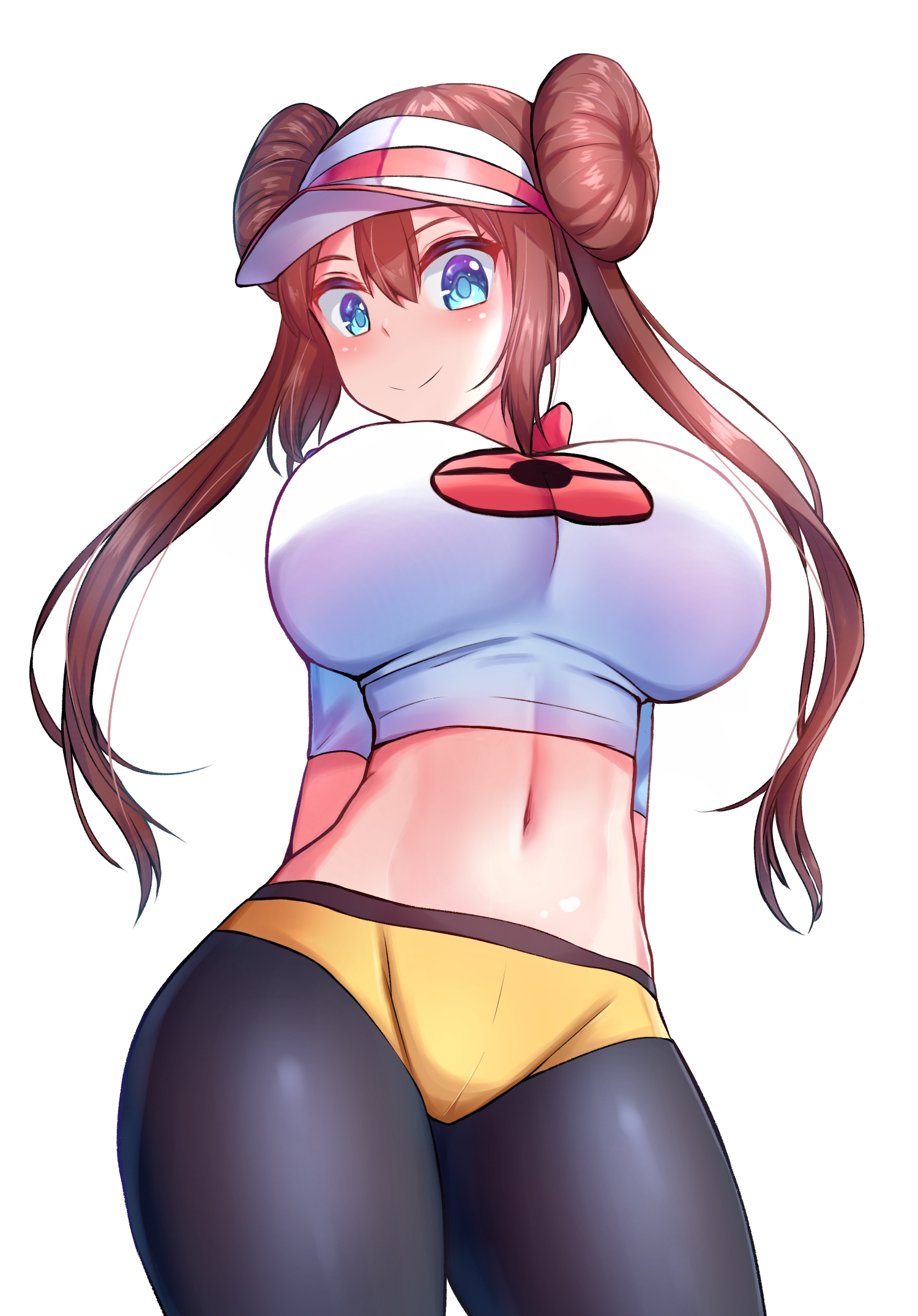 1girls, 2022, alternate breast size, artist request, blue eyes, booty shorts, breasts, brown hair, clothed, clothed female, female, female only, hat, hips, huge breasts, leggings, long hair, looking at viewer, nintendo, pokemon, pokemon bw2, rosa (pokemon), short shorts, shorts, simple background, slim waist, smile, thick thighs, thighs, tights, twin buns, twintails, visor, visor cap, white background, white hat, wide hips