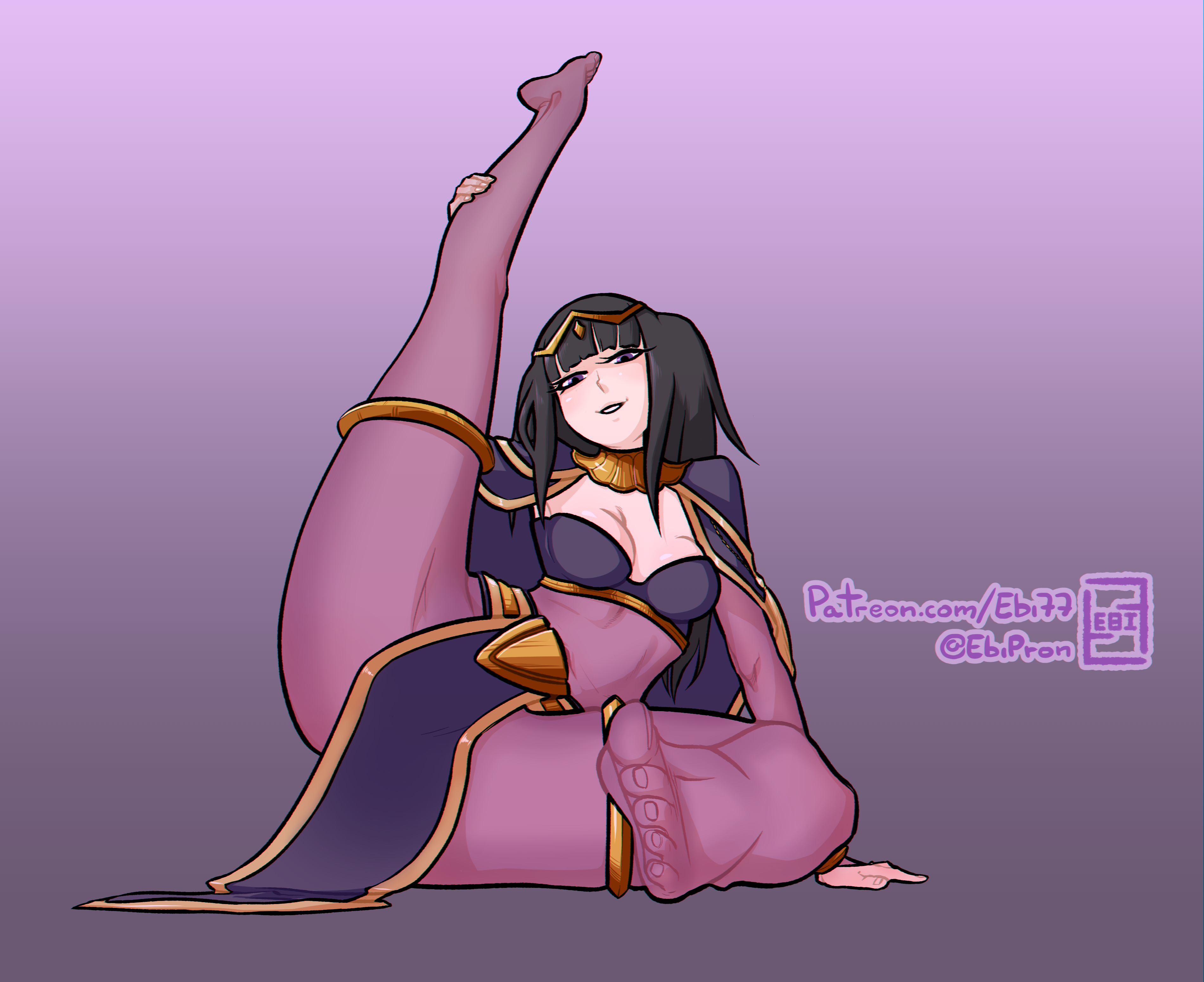 1girls, bangs, black hair, bodystocking, breasts, cape, ebi77, feet, female, female only, fire emblem, fire emblem awakening, long hair, looking at viewer, medium breasts, nintendo, pelvic curtain, purple eyes, smile, solo, spread legs, tharja (fire emblem)