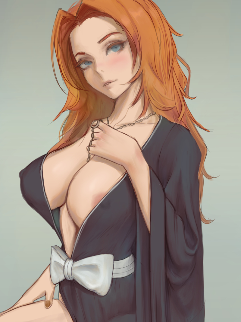 1girls, 2022, 2d, areola slip, areolae, black clothing, bleach, blue eyes, blush, breasts, cleavage, female, female only, hips, huge breasts, ignitesart, kimono, large areolae, light skin, light-skinned female, long hair, matsumoto rangiku, necklace, open clothes, orange hair, pale skin, pale-skinned female, simple background, slim waist, solo, thick thighs, thighs, wide hips