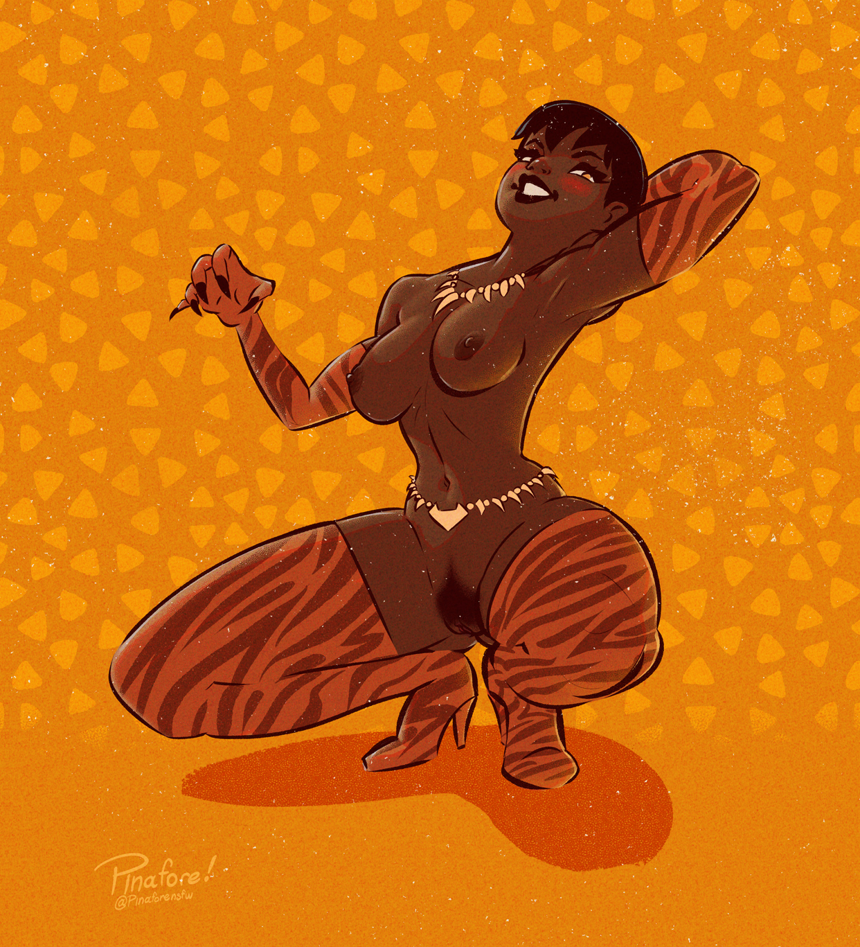 1girls, african, african female, animal print, areolae, black female, black hair, blush, boots, breasts, dark nipples, dark skin, dark-skinned female, dc, dc comics, excessive pubic hair, female, female fox, female only, high heel boots, justice league, looking at viewer, medium breasts, naked footwear, pinafore (artist), pubic hair, pussy, short hair, solo, solo female, squatting, thigh high heels, thighhighs, tiger print, very short hair, vixen (dc), year of the tiger