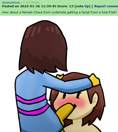 1futa 1girls blowjob blue_shirt blush bottomless brown_hair chara clothed clothing duo face_fucking facial fellatio female frisk futa_on_female futanari head_grab human jakee light_skin nude oral partially_clothed penis request rule_34_comment self_upload smiling thick_penis throat_fuck toby_fox undertale