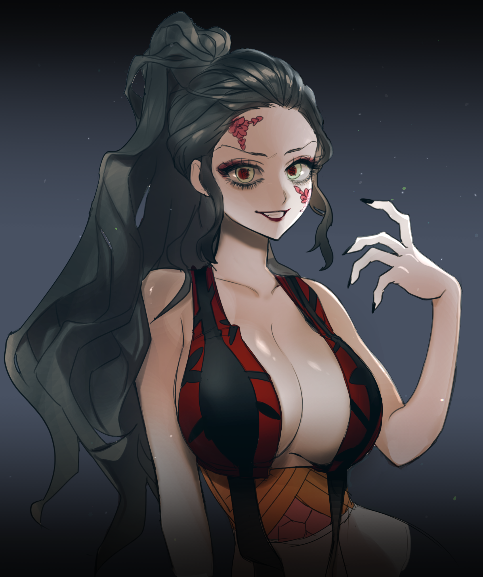 big breasts, black hair, black nails, breasts, cleavage, daki (kimetsu no yaiba), demon, demon girl, demon slayer, facial markings, female, female only, huge breasts, kimetsu no yaiba, lingerie, long hair, looking at viewer, nail polish, obi, ponytail, sharp fingernails, smile, solo, syabana, tied hair, upper body
