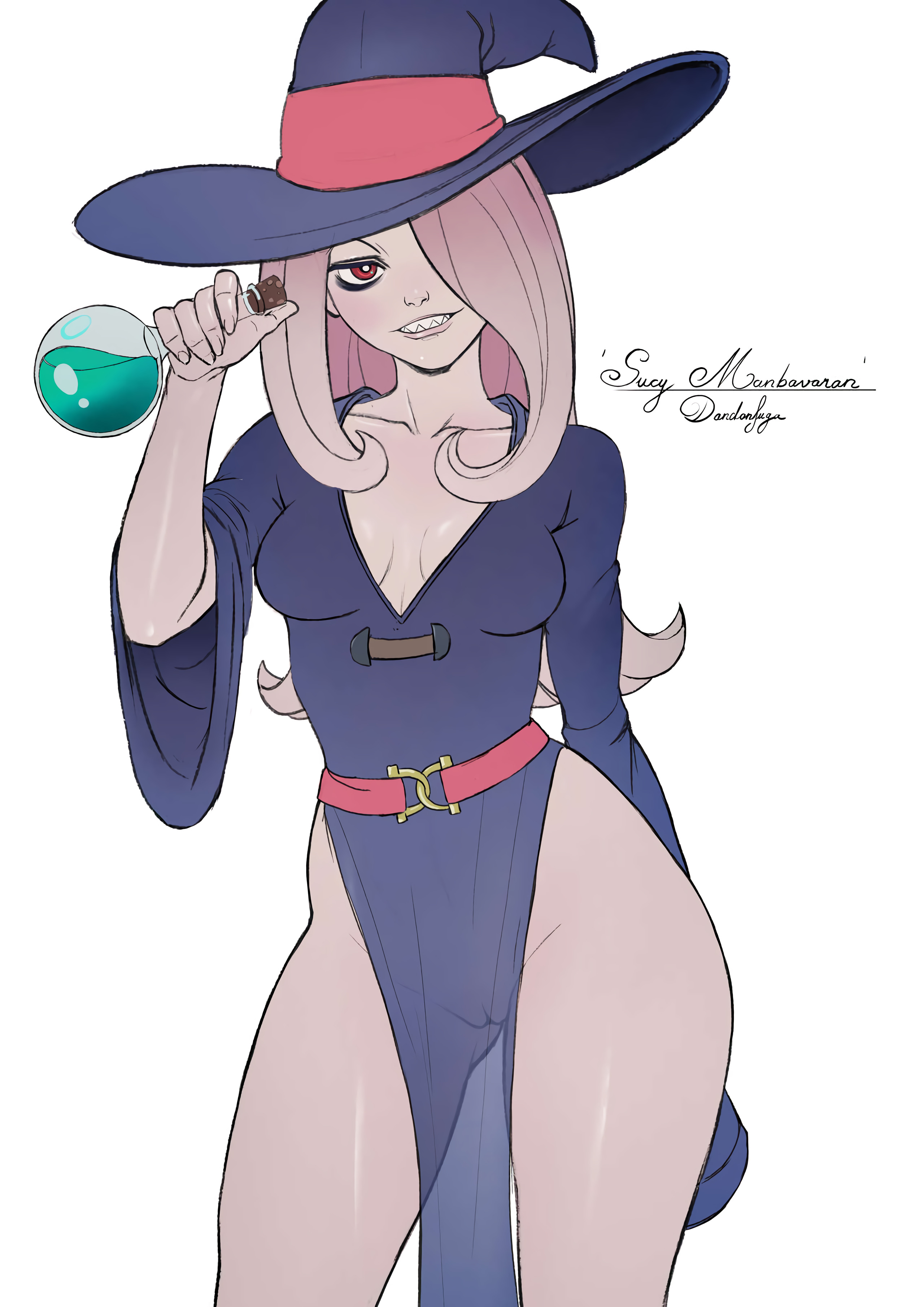 1girls, alternate breast size, alternate version available, breasts, dandon fuga, dress, female, female only, little witch academia, looking at viewer, medium breasts, no panties, pelvic curtain, potion, purple hair, pussy, red eyes, see-through, solo, sucy manbavaran, teeth, thick thighs, thighs, visible pussy, wide hips, witch, witch hat