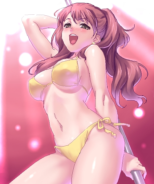 alternate costume, atlus, bikini, bikini bottom, bikini top, blush, blushing, boobs, breasts, brown eyes, brown hair, cleavage, female, kujikawa rise, low-angle view, open mouth, persona, persona 4, pixel art, pixelated, pole, pole dancing, side-tie bikini, solo, tagme, yellow bikini