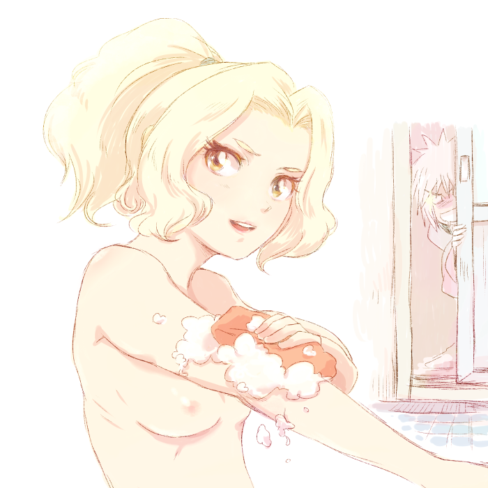 1boy 1boy1girl bath bathroom blonde_hair breasts female jiraiya long_hair looking_at_viewer male/female naruto naruto_(series) nipples nude peeping ponytail soap spying tamagokara tsunade washing yellow_eyes younger