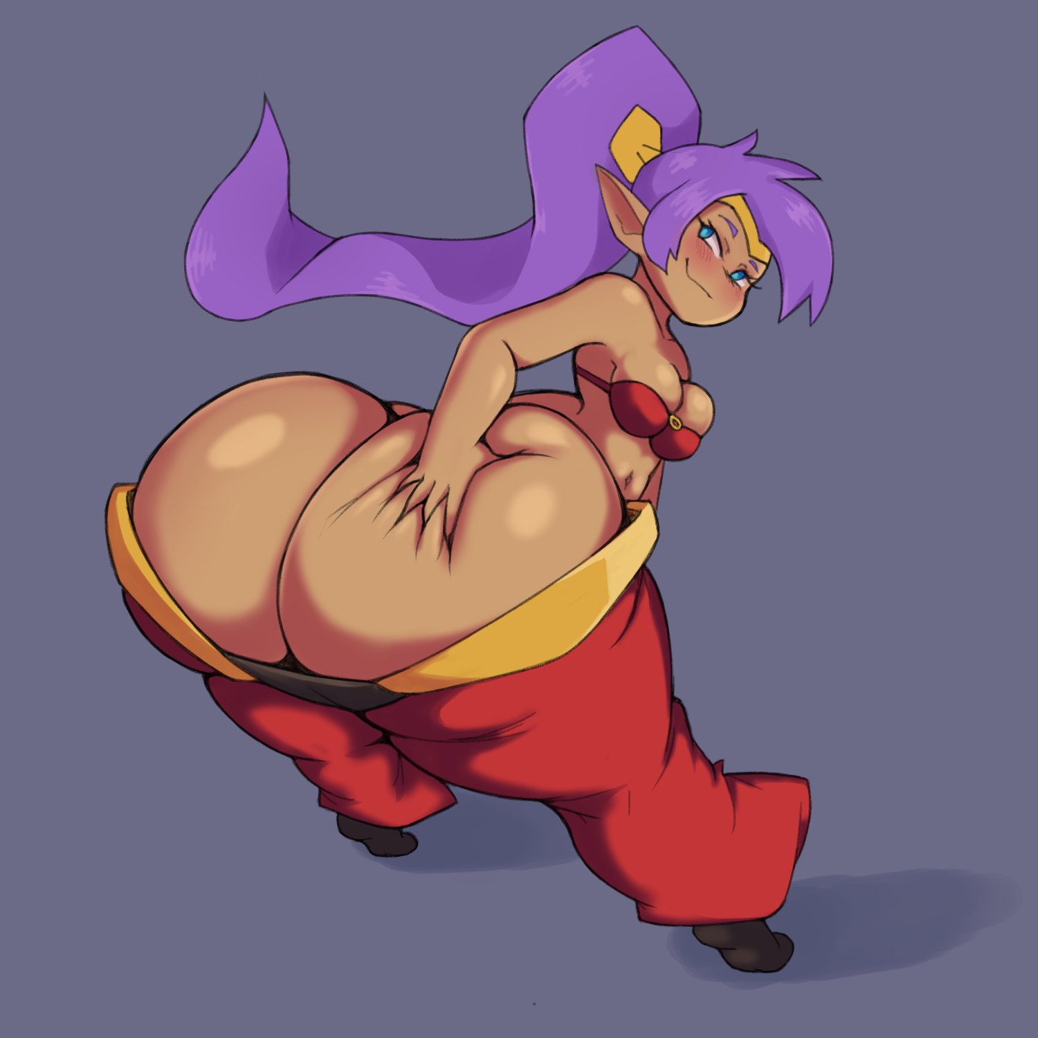1girls, ass, ass cleavage, ass crack, ass dough, big ass, bottom heavy, bubble ass, bubble butt, butt crack, curvaceous, curvy, deep skin, female, female focus, grabbing own ass, huge ass, long hair, mooning, pancaketomo, purple hair, shantae, shantae (character), smooth skin, smug, solo, solo female, solo focus, voluptuous