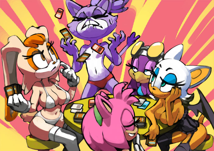 5girls, amy rose, angry, anthro, bittenhard, blaze the cat, bra, card, comedy, digital media (artwork), female, female only, flat chest, funny, garter belt, garter straps, humor, lingerie, lowres, panties, partially clothed, poker, rouge the bat, sega, sitting, sonic (series), sonic the hedgehog (series), spread legs, stockings, strip poker, table, underwear, vanilla the rabbit, wave the swallow