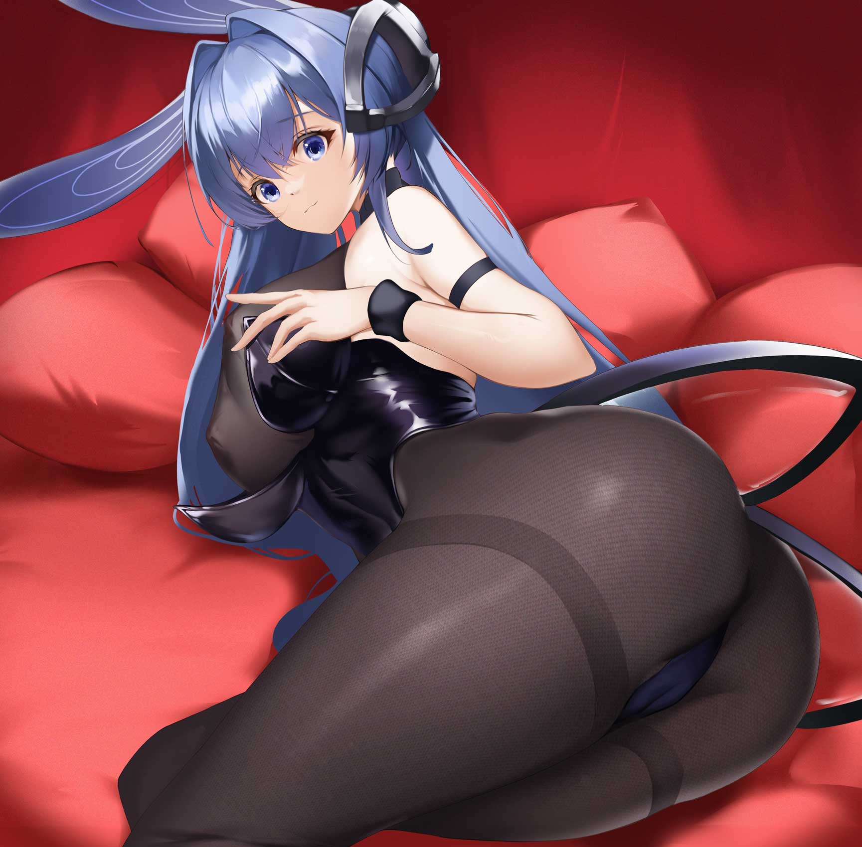 1girls 2021 animal_ears arm_strap ass azur_lane black_legwear blue_eyes blue_hair blue_leotard breasts cameltoe closed_mouth covered_nipples cowboy_shot eyebrows_visible_through_hair fake_animal_ears female female_focus female_only hair_between_eyes headpiece highres large_breasts leotard light_smile long_hair looking_at_viewer lying nevin_(flyskying) new_jersey_(azur_lane) new_jersey_(exhilarating_steps!)_(azur_lane) official_alternate_costume on_side pantyhose pillow playboy_bunny rabbit_ears sleeveless solo solo_female sweatband thick_thighs thighband_pantyhose thighs wristband