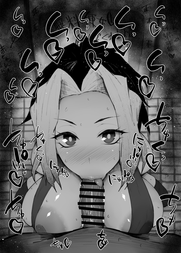 :>=, 1boy, 1girls, areola slip, areolae, bar censor, bathroom, between breasts, big breasts, blowjob, blush, breasts, censored, dark skin, dark-skinned male, demon slayer, erection, faceless male, fellatio, female, female focus, kimetsu no yaiba, kurotama, large areolae, looking at viewer, makio (kimetsu no yaiba), male, male pov, monochrome, nipple bulge, nipple slip, oral, penis, puffy nipples, solo focus, sound effects, sweat, two-tone hair
