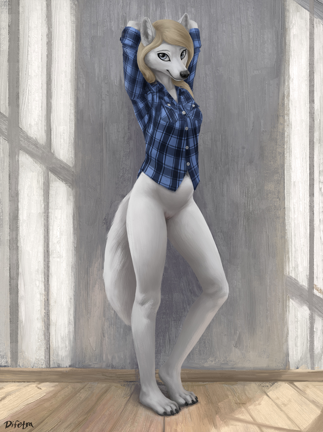 2022 anthro black_nose blonde_hair breasts canid canine clothed clothing detailed_background difetra digital_media_(artwork) feet female fur hair hi_res looking_at_viewer mammal smile solo toes white_body white_fur