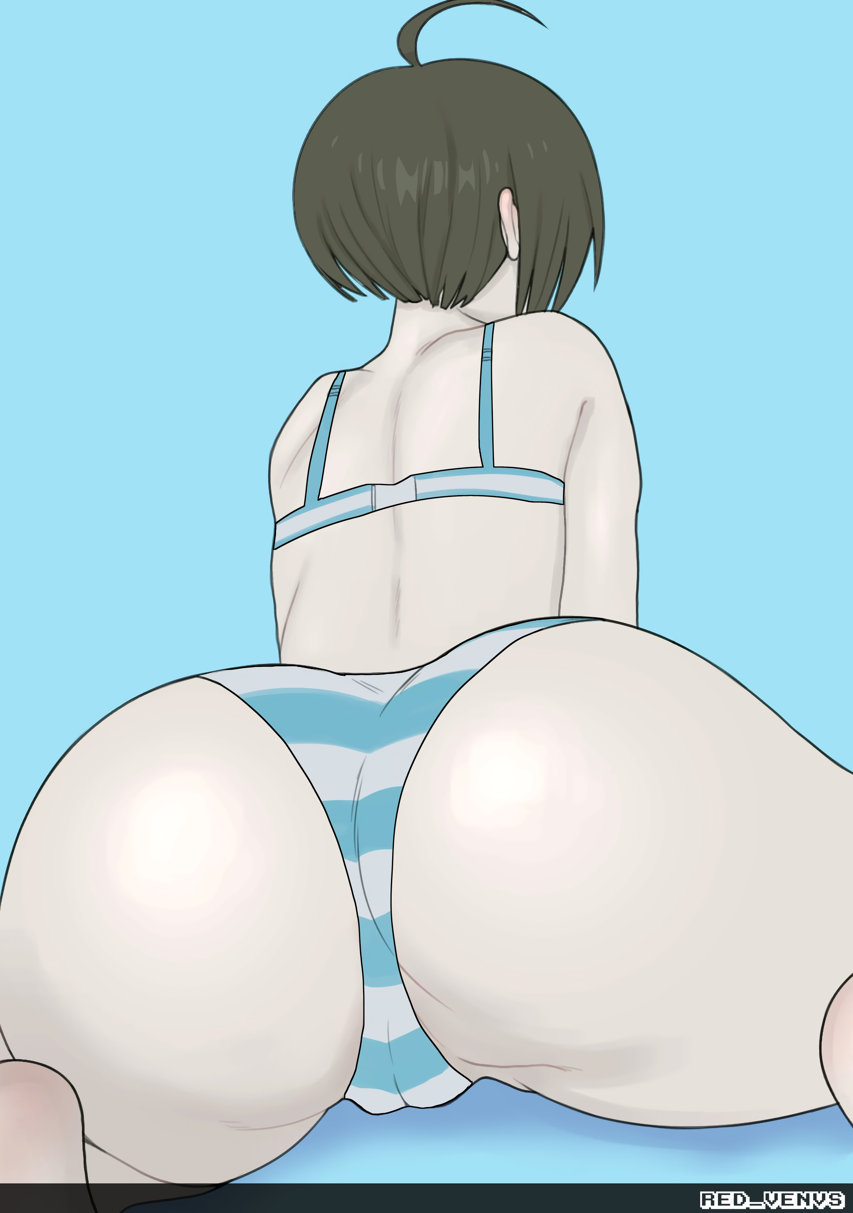 1girls, 2022, ahoge, artist name, ass, back, back view, bangs, big ass, big butt, bikini, blue background, cameltoe, clothed, clothed female, danganronpa, danganronpa ultra despair girls, feet out of frame, female, female focus, green hair, kneeling, light skin, light-skinned female, naegi komaru, pale skin, pale-skinned female, panties, presenting, presenting hindquarters, pussy, rear view, redvenus, shimapan, shiny, shiny hair, shiny skin, short hair, skin tight, smooth skin, solo, solo female, striped, striped bikini, striped panties, swimsuit, underwear