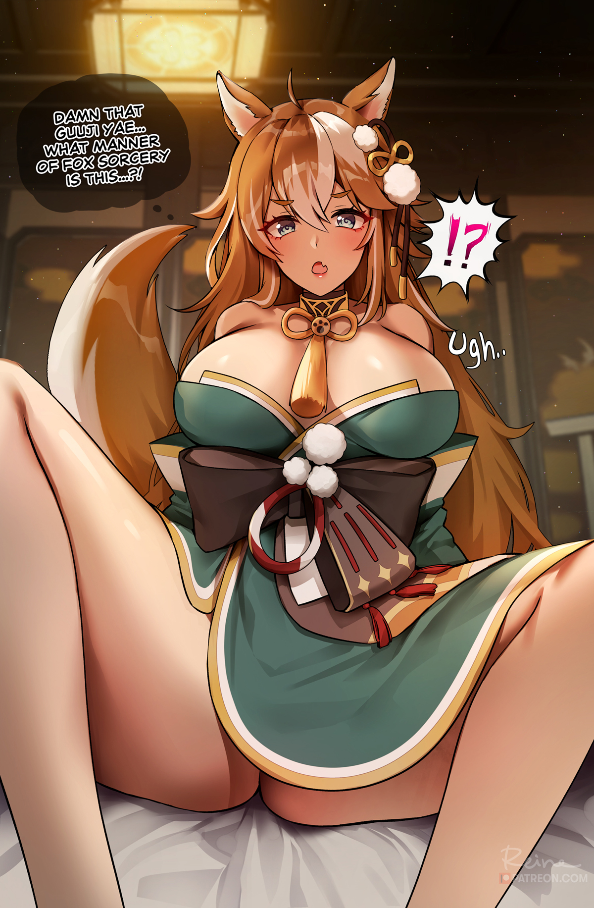 animal ears, blue eyes, blush, breasts, brown hair, cum, cum in pussy, dog ears, dog tail, english text, female, foxy rain (foxyreine), foxyrain (foxyreine), foxyreine, genderswap, genderswap (mtf), genshin impact, gorou (genshin impact), highres, large breasts, long hair, looking at viewer, ms hina (genshin impact), pussy, rule 63, sex, sitting, speech bubble, spread legs, tail