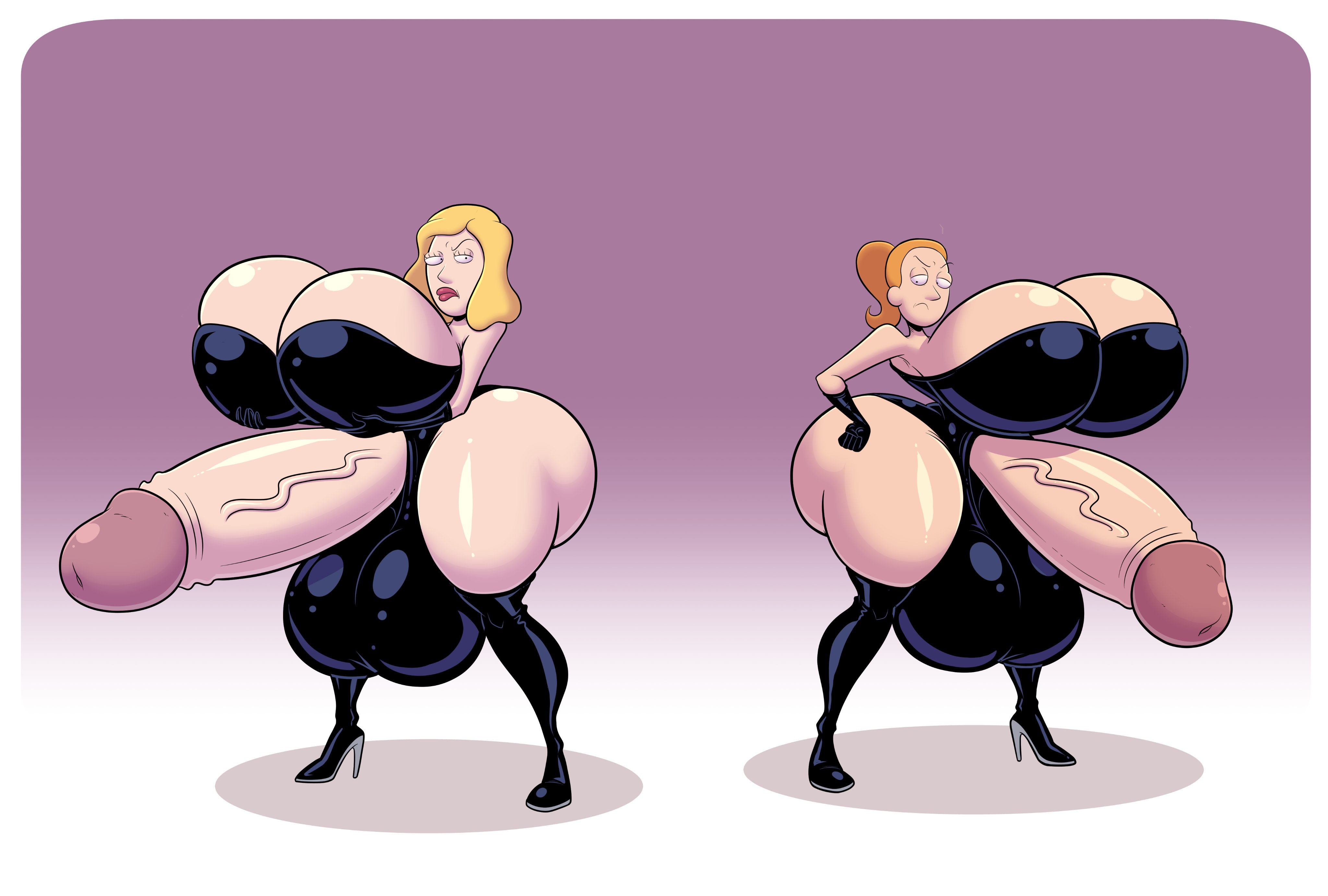 2futas, adult swim, ass, balls, beth smith, blonde hair, breasts, bursting breasts, clothed, clothing, duo, dustindemon, erection, eyelashes, female, frown, futa only, futanari, gigantic balls, gigantic breasts, gigantic penis, gigantic testicles, heels, huge ass, human, hyper, hyper balls, hyper breasts, hyper penis, intersex, light skin, light-skinned futa, lipstick, mostly clothed, orange hair, penis, ponytail, rick and morty, short hair, solo, standing, summer smith, testicles, thick thighs, thighhighs, tight clothing, veiny penis, what, wide hips