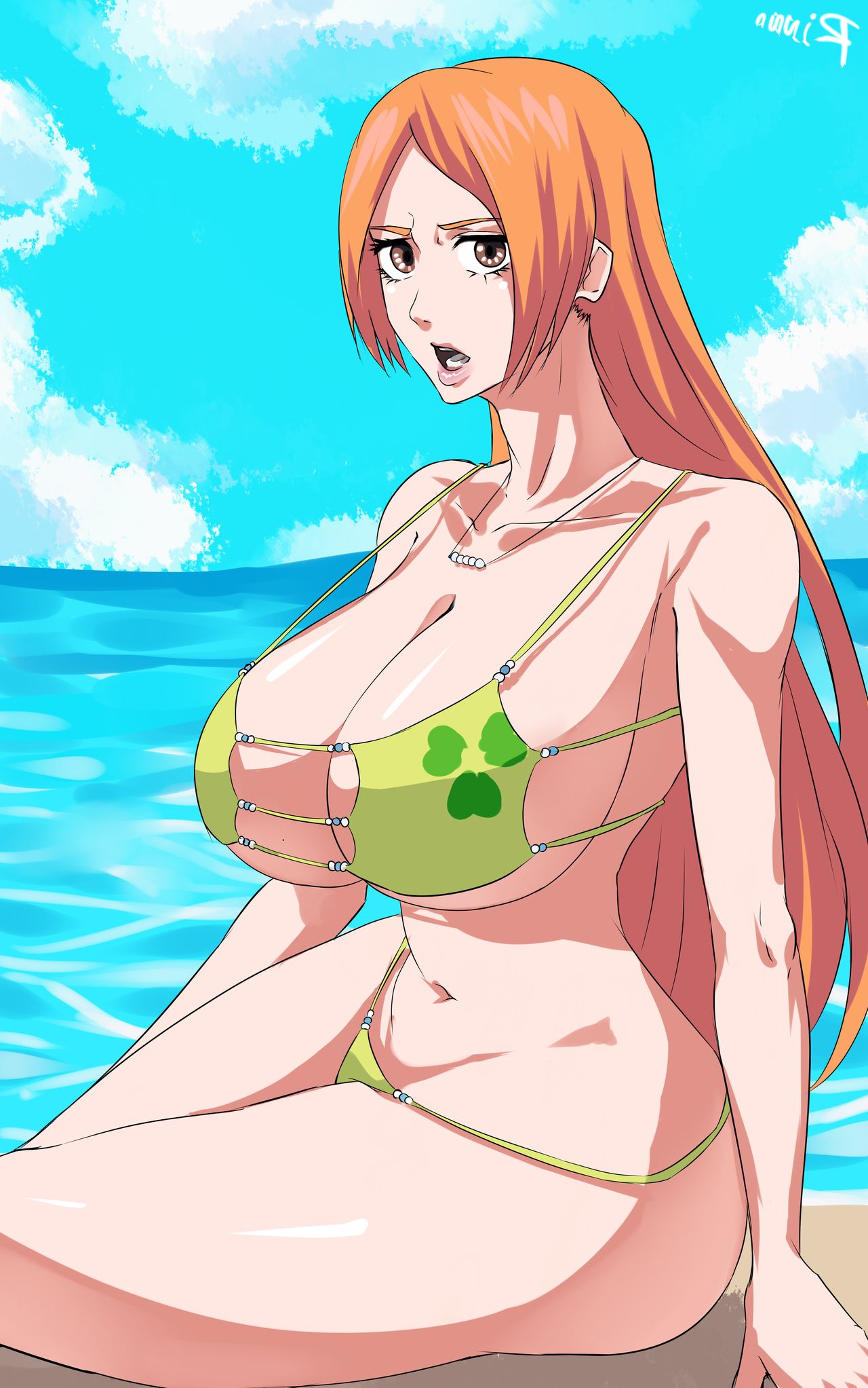 beach, big breasts, bleach, breasts, female, inoue orihime, orange hair, shinimi (nishimiya shirone), swimsuit