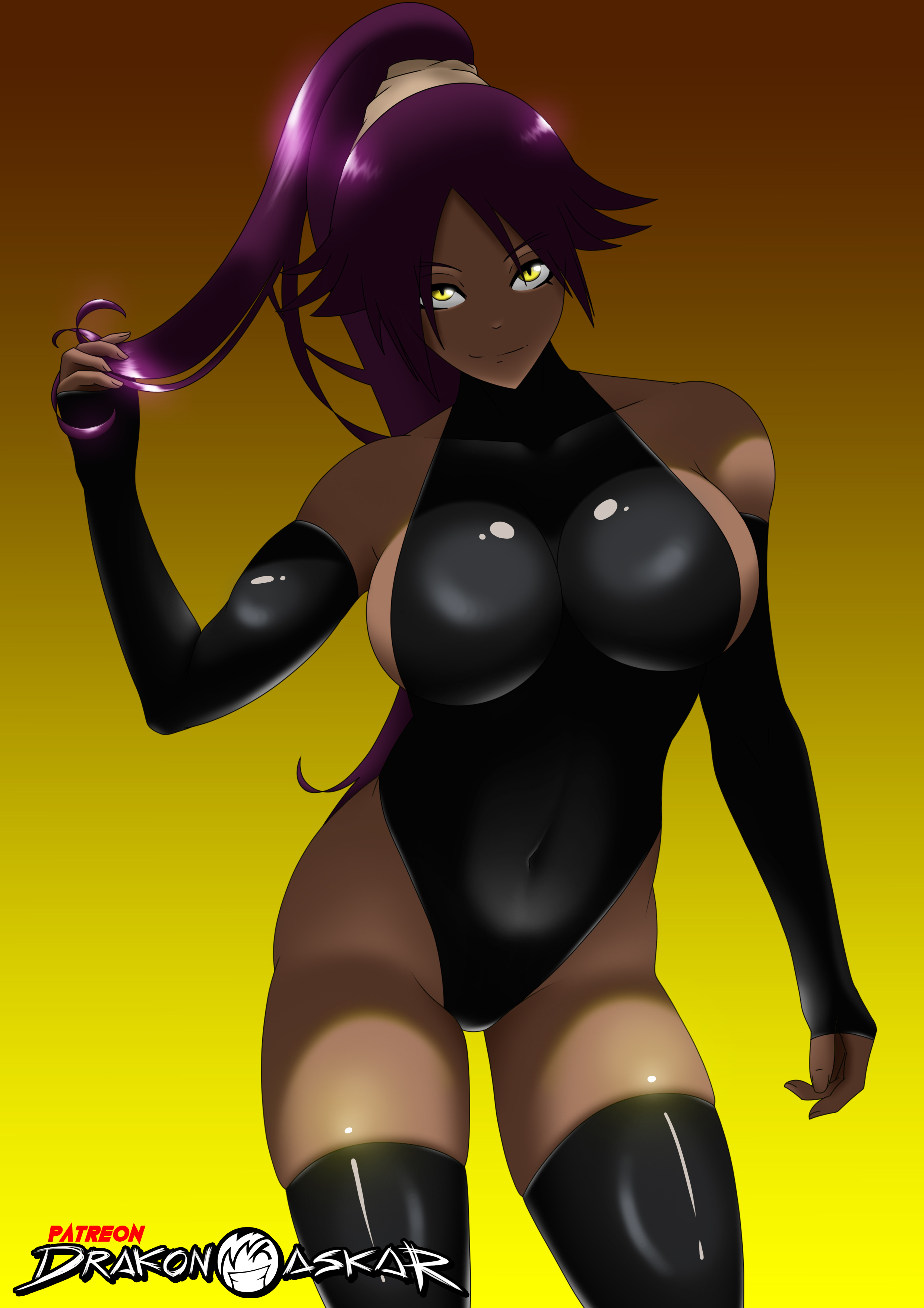 1girls, alternate version available, big breasts, big muscles, black socks, bleach, breasts, dark skin, dark-skinned female, drakonaskar, female, female focus, female only, latex, legs, leotard, looking at viewer, muscles, patreon, purple hair, shihouin yoruichi, socks, solo, solo female, strong, thigh socks, thighhighs, yellow eyes