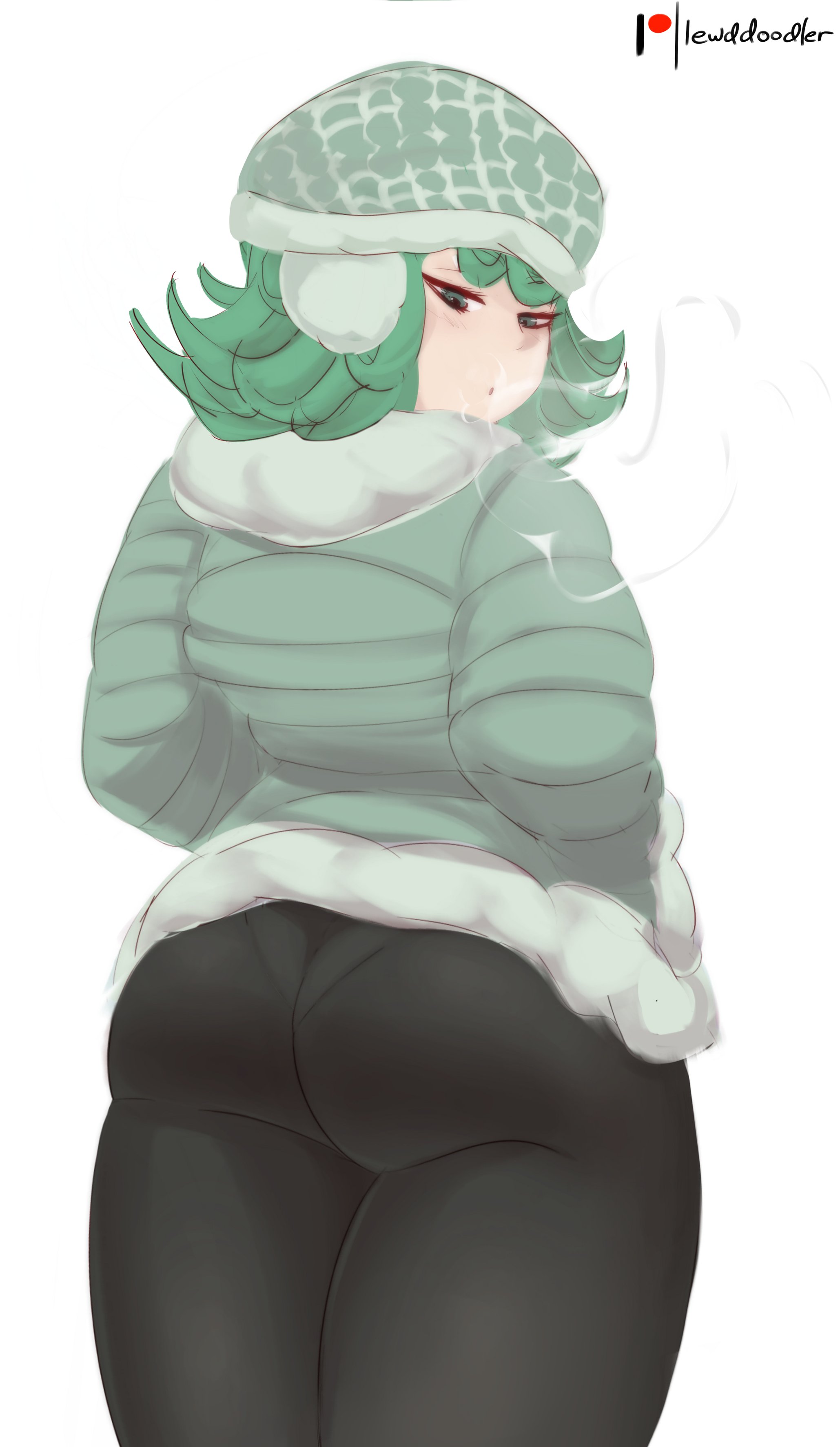 1girls, ass, big ass, earmuffs, female, female only, green eyes, green hair, hat, headwear, large ass, lewddoodler, light skin, light-skinned female, looking back, one-punch man, panties, pantylines, short hair, shortstack, solo, solo female, sweater, tagme, tatsumaki, thighs, winter