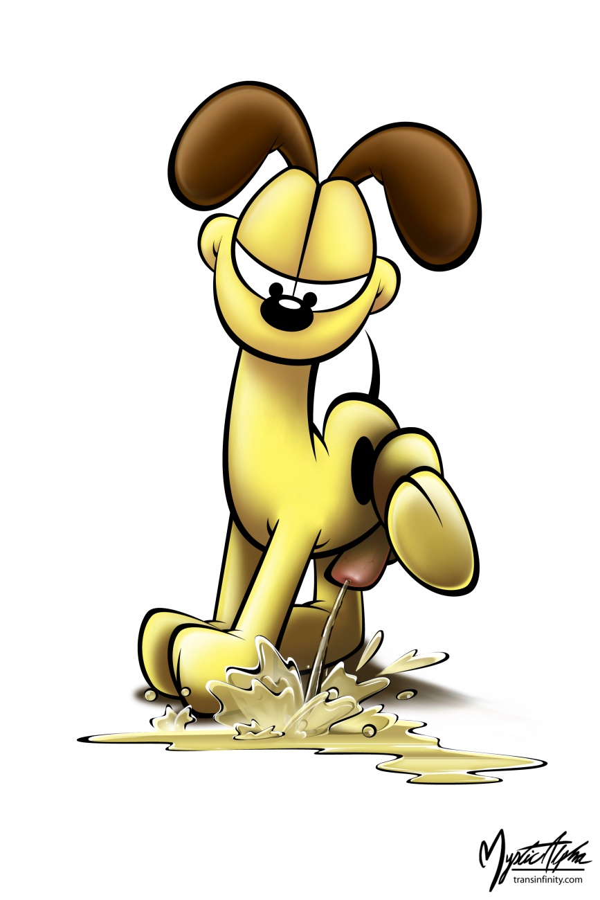 1boy canid canine feral furry garfield_(series) half-closed_eyes leg_up looking_down male male_only mystic_alpha odie peeing peeing_on_ground raised_leg solo urinating urinating_male urination urine urine_pool urine_splatter urine_stream watersports white_background