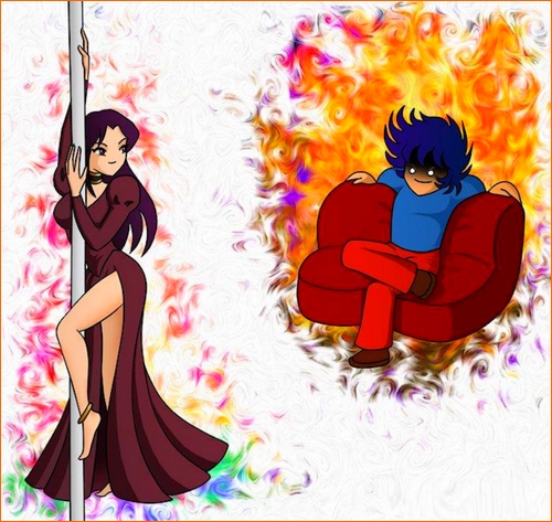 ass big_ass black_hair breasts dress human long_hair looking_ass pandora_(saint_seiya) phoenix_ikki pleasure_face pole saint_seiya shounen_jump specters