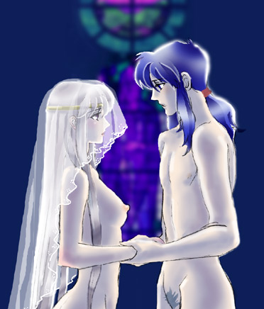 aozora_kyuuji blue_eyes blue_hair breasts bridal_veil censored circlet female fire_emblem fire_emblem:_genealogy_of_the_holy_war hair_tie half_siblings hand_holding incest julia_(fire_emblem) male nipples nude pubic_hair seliph_(fire_emblem) seliph_baldos_chalphy silver_hair stained_glass standing straight