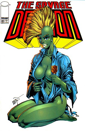 1girls amy_belcher barefoot blue_eyes earrings erik_larsen female female_only green_skin image_comics mohawk savage_dragon she-dragon solo yellow_hair