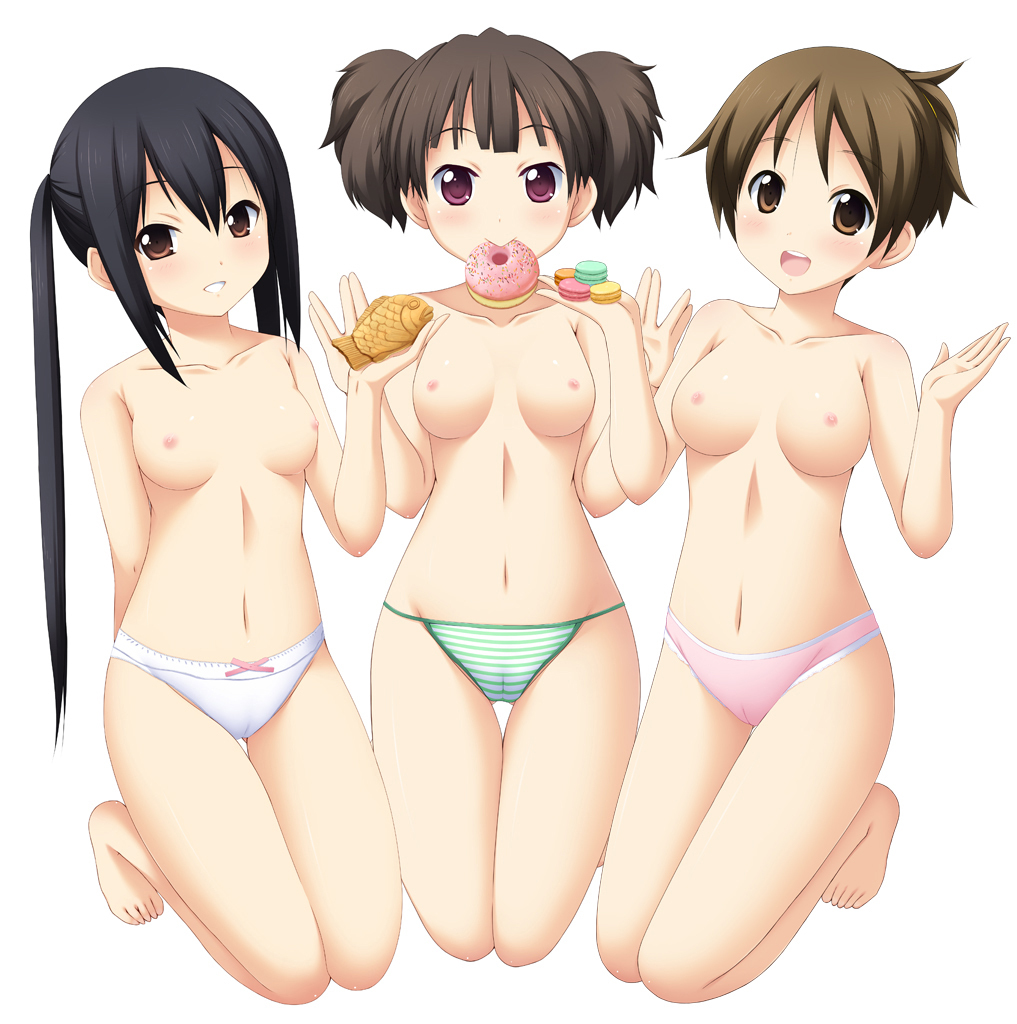 azusa_nakano_(k-on!) barefoot black_hair blush breasts brown_eyes brown_hair cameltoe dark_hair doughnut female female_only food human human_only jun_suzuki_(k-on!) k-on! kneeling long_hair mouth_hold multiple_girls nipples open_mouth panties pink_eyes pink_panties shiou_tsuyukusa short_hair striped striped_panties taiyaki tied_hair topless twintails ui_hirasawa_(k-on!) underwear very_long_hair wagashi white_panties