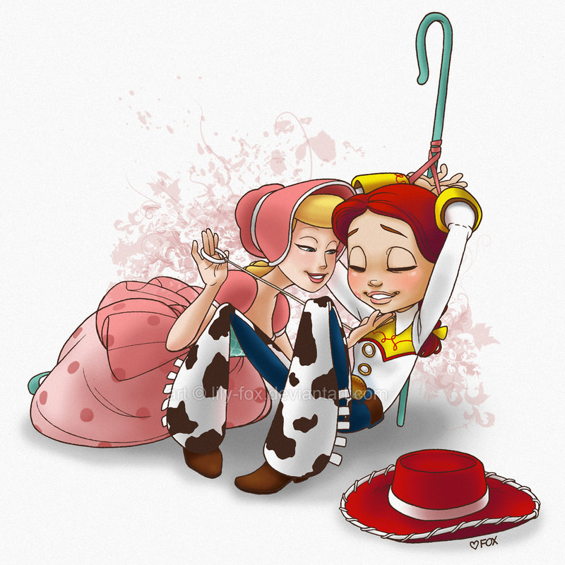 2girls blonde_hair bo_peep bondage bonnet disney dress female jessie_(toy_story) lily-fox multiple_girls pixar red_hair smile toy_story toy_story_2 yuri