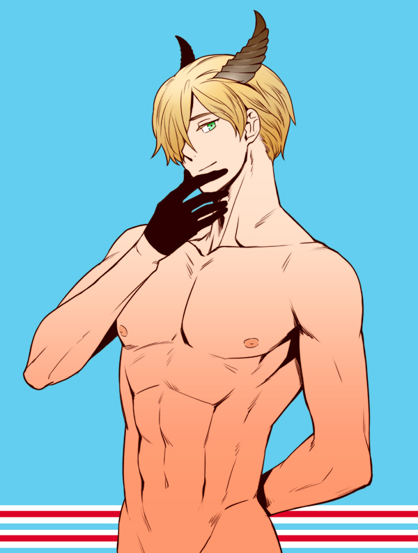 1boy abs axis_powers_hetalia blonde_hair gloves green_eyes horns looking_at_viewer luxembourg_(hetalia) muscles muscular muscular_male naughty_face nipples nude