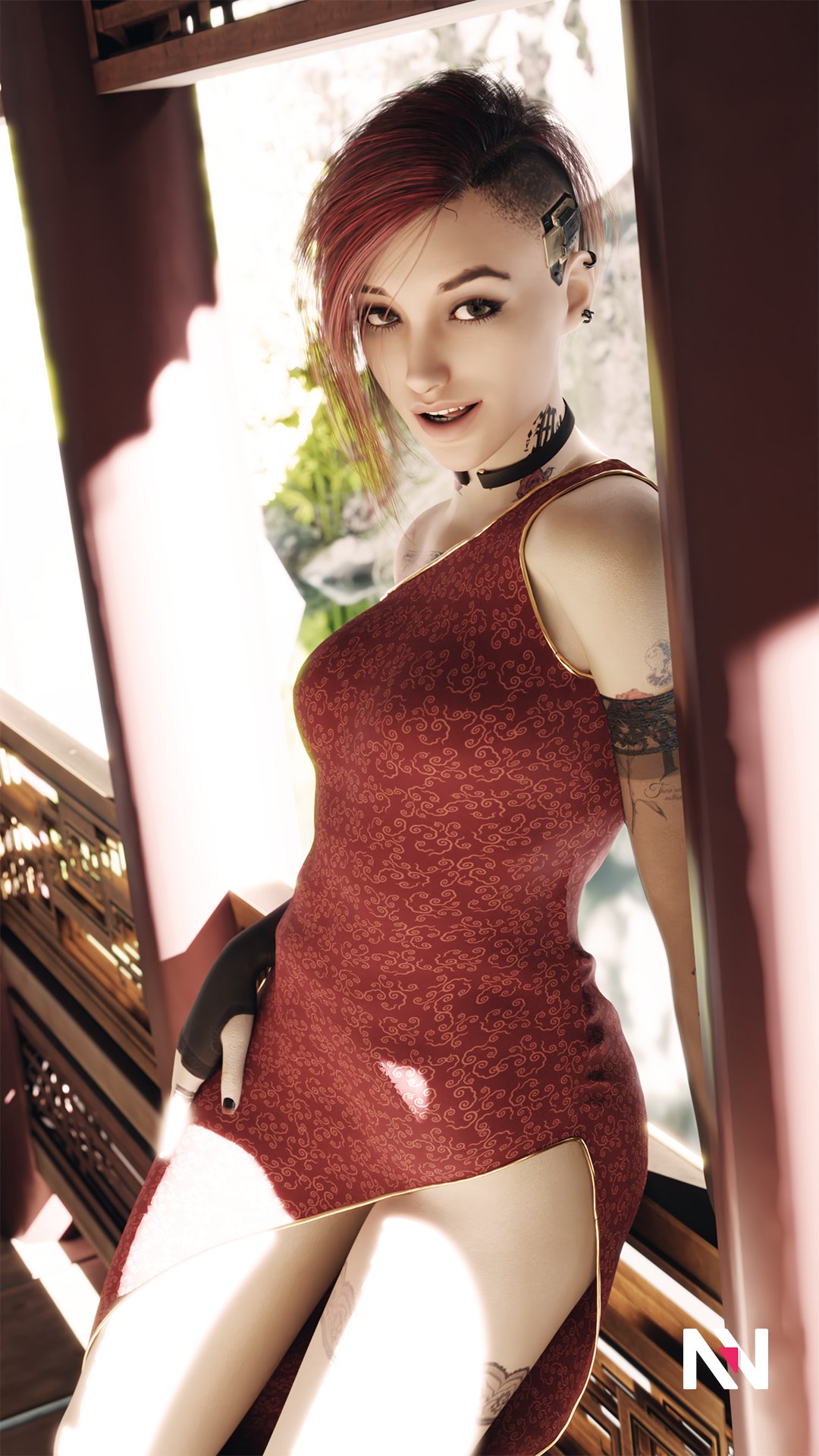 1girls 3d blender cd_projekt_red cheongsam chinese_clothes clothed cyberpunk_2077 dress dress_lift dress_pull female female_only judy_alvarez looking_at_viewer lunar_new_year nikovako qipao solo tattoo