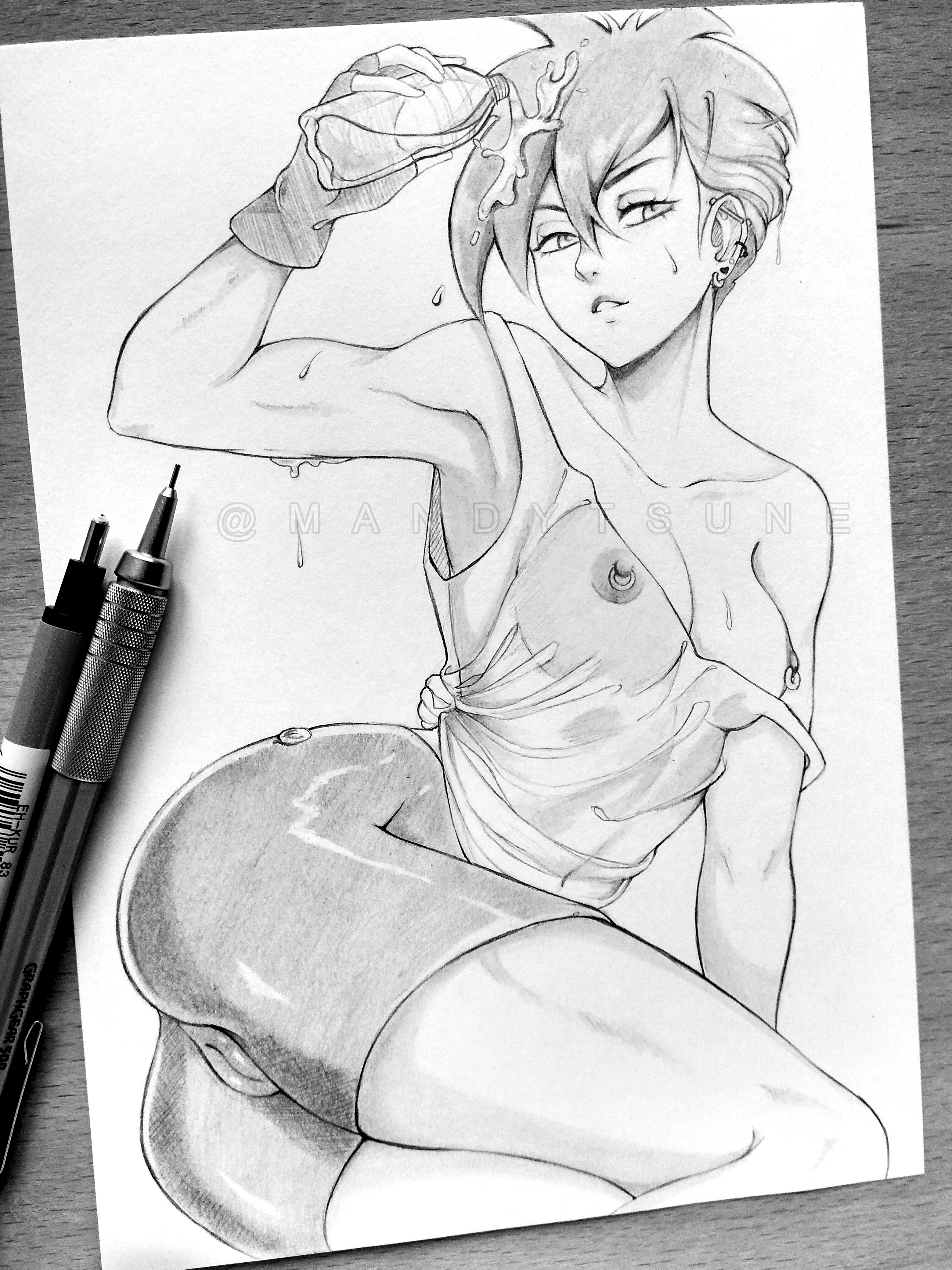 cameltoe, dragon ball, erect nipples, erect nipples under clothes, female, fingerless gloves, gloves, mandytsune, nipples, pencil (artwork), pierced ears, piercing, pussy, short hair, solo, tank top, teenager, traditional media (artwork), videl, water, water bottle, wet clothes, wet shirt
