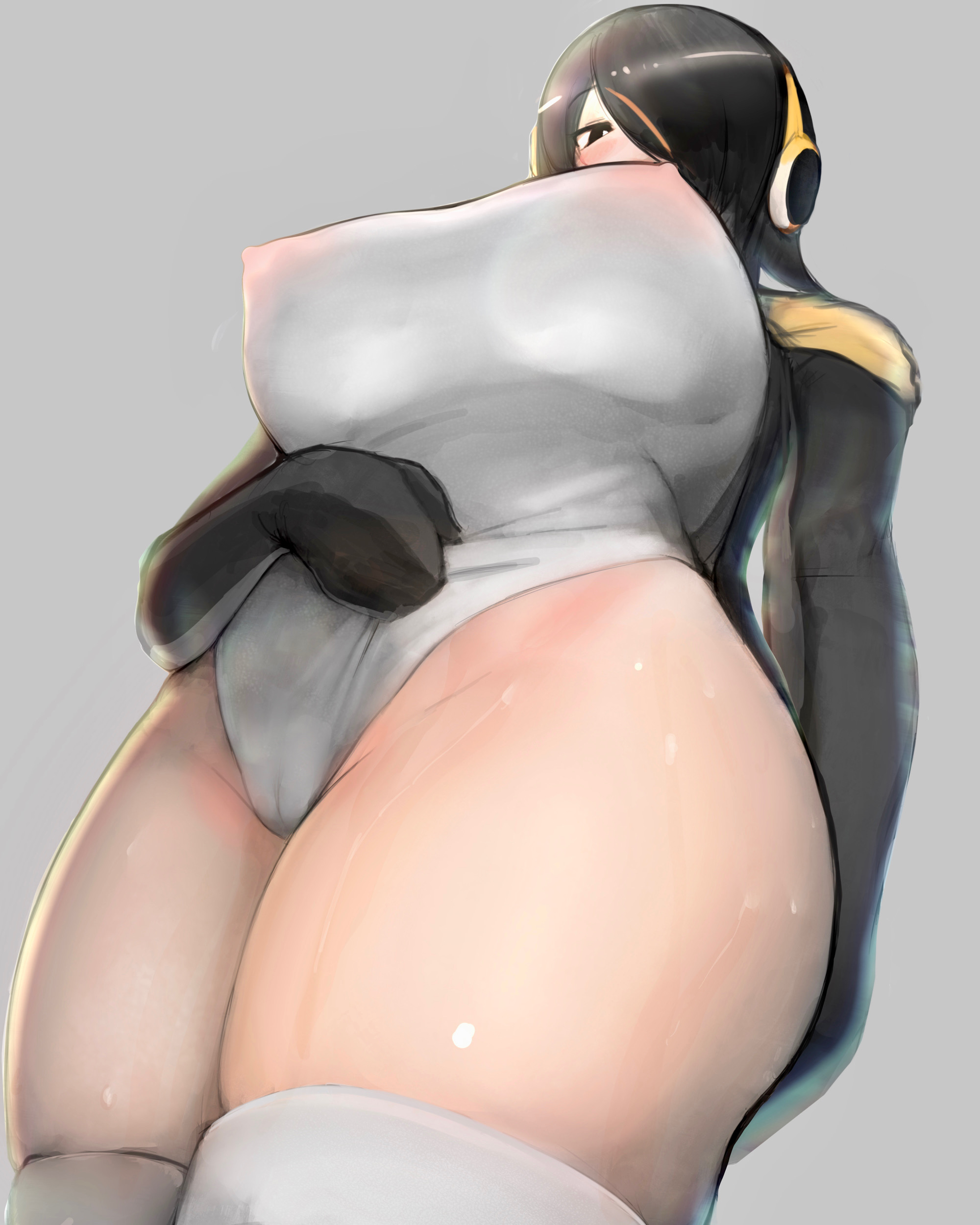absurdres, arm behind back, bangs, black eyes, black hair, breasts, cameltoe, clothes lift, covered nipples, cowboy shot, emperor penguin (kemono friends), erect nipples, eyebrows visible through hair, female, from below, groin, hair over one eye, headphones, highleg, highleg leotard, highres, huge breasts, jacket, kemono friends, kneehighs, leotard, lifted by self, long sleeves, looking at viewer, looking down, medium hair, multicolored hair, nipple bulge, nipples, open clothes, open jacket, pussy, red hair, shibori kasu, solo, streaked hair, sweat, two-tone hair