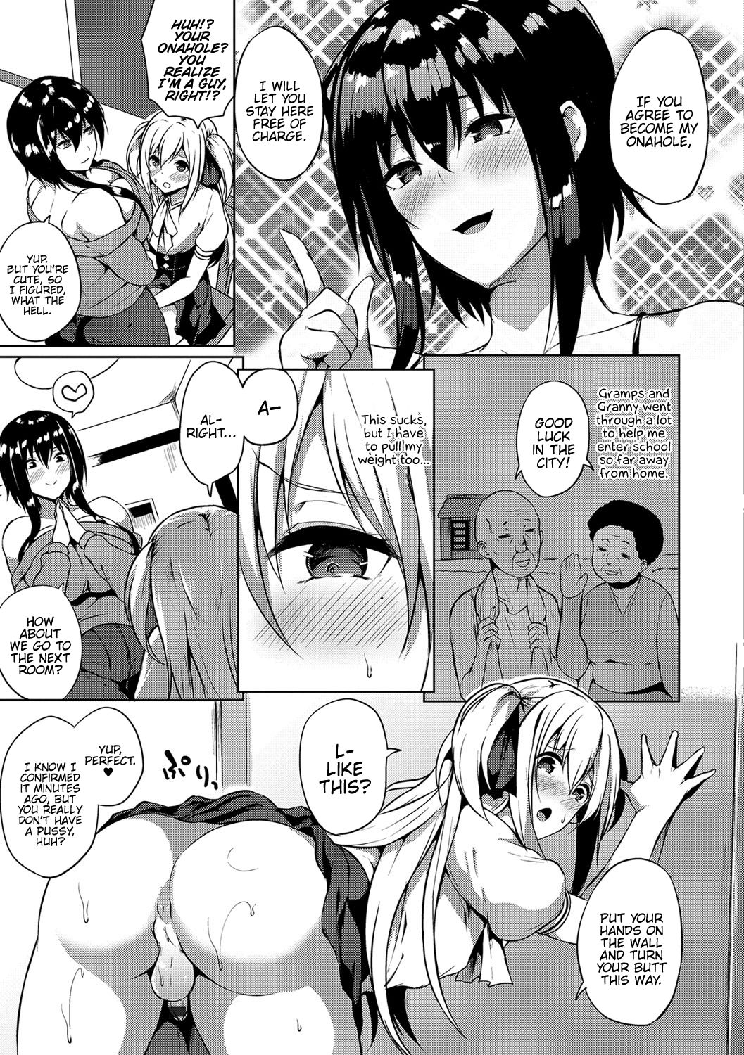 1boy, 1futa, ass, back, back view, bent over, big breasts, bottomless, breasts, clothed, clothing, comic, crossdressing, dialogue, doujinshi, duo, english text, femboy, fully clothed, futa on male, futanari, huge breasts, human, intersex, kasuga mayu, looking back, male, male focus, malesub, monochrome, mostly clothed, penis, small penis, text, thick thighs, translated, trap, wide hips