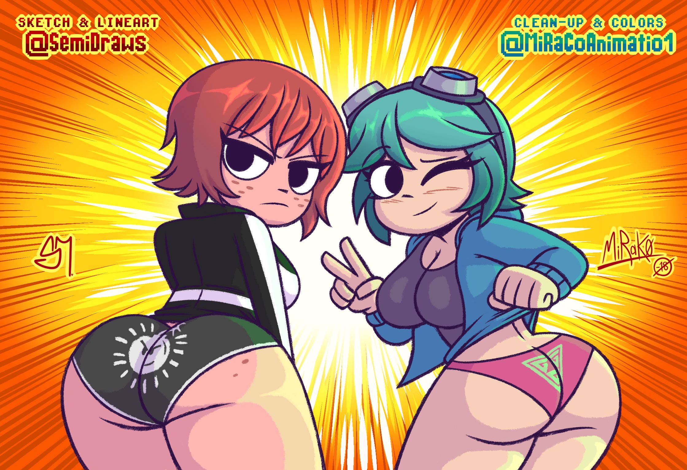 2girls, artist signature, ass, ass cleavage, ass crack, ass freckles, back, back view, big ass, black eyes, blue hair, blush, butt crack, collaboration, dimples of venus, double ass focus, female, female focus, female only, freckles, from behind, goggles, goggles on head, human, kim pine, mirako, mostly clothed, panties, ramona flowers, red hair, scott pilgrim, semidraws, sweater, underwear, v sign, wink, winking