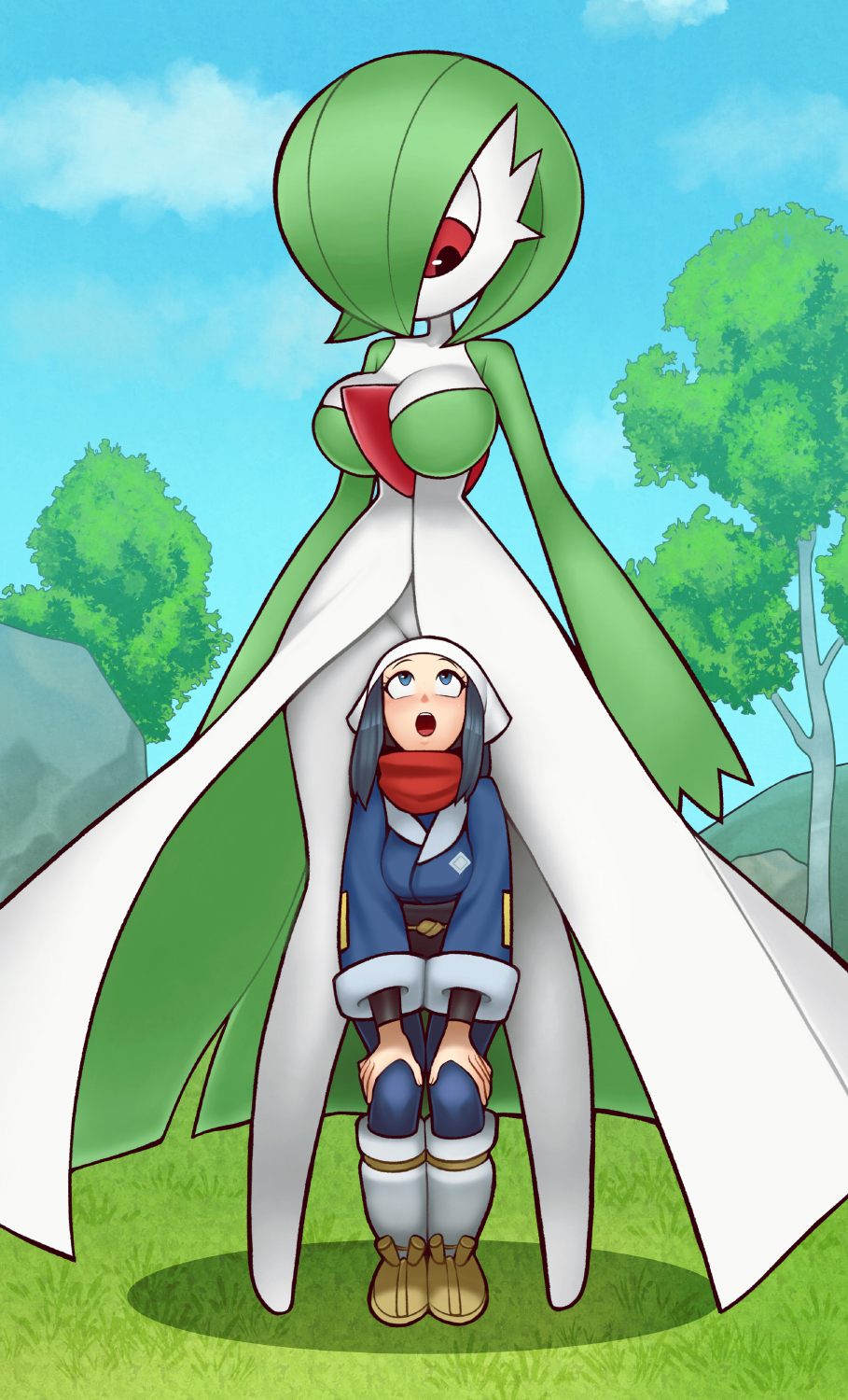 2girls, akari (pokemon), alpha pokemon, anthro, big breasts, blue eyes, breasts, female, gardevoir, generation 3 pokemon, long hair, loodncrood, nintendo, pokémon (species), pokemon, pokemon (species), pokemon legends: arceus, pokemon rse, red eyes, size difference, surprised, thighs