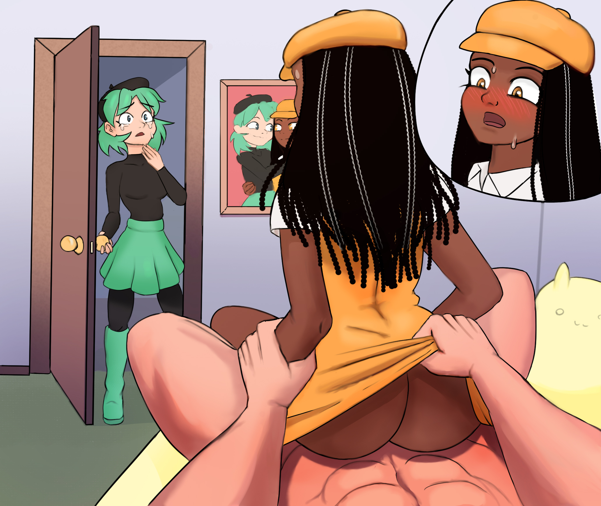 1boy, 2girls, ambiguous penetration, artist request, barrette, black hair, blush, brown hair, caught, caught in the act, cheating, cheating girlfriend, cowgirl position, crying, crying with eyes open, cucked lesbian, cuckquean, dark skin, dark-skinned female, deep penetration, dreadlocks, dress lift, female, female on top, fionapollo, green eyes, green hair, hat, interracial, male, mint (fionapollo), netorare, nude, nude male, orientation play, penis, petite, reverse cowgirl position, riding, riding penis, sex, sorbet (fionapollo), straight, sweat, tears, yellow eyes, youtube, youtuber, youtuber girl