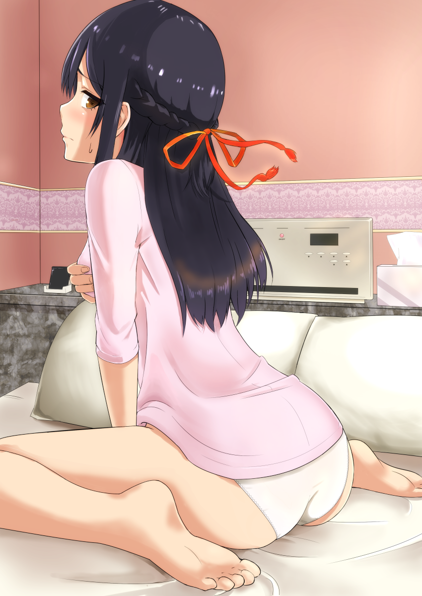 bedroom black_hair blush braid brown_eyes college_student colorized female hair_ribbon hamaguchi-senpai highres hotel hotel_room kimi_no_na_wa kimi_no_na_wa. long_hair miyamizu_mitsuha mole mole_under_eye netorare ntr ribbon shukurin string third-party_edit