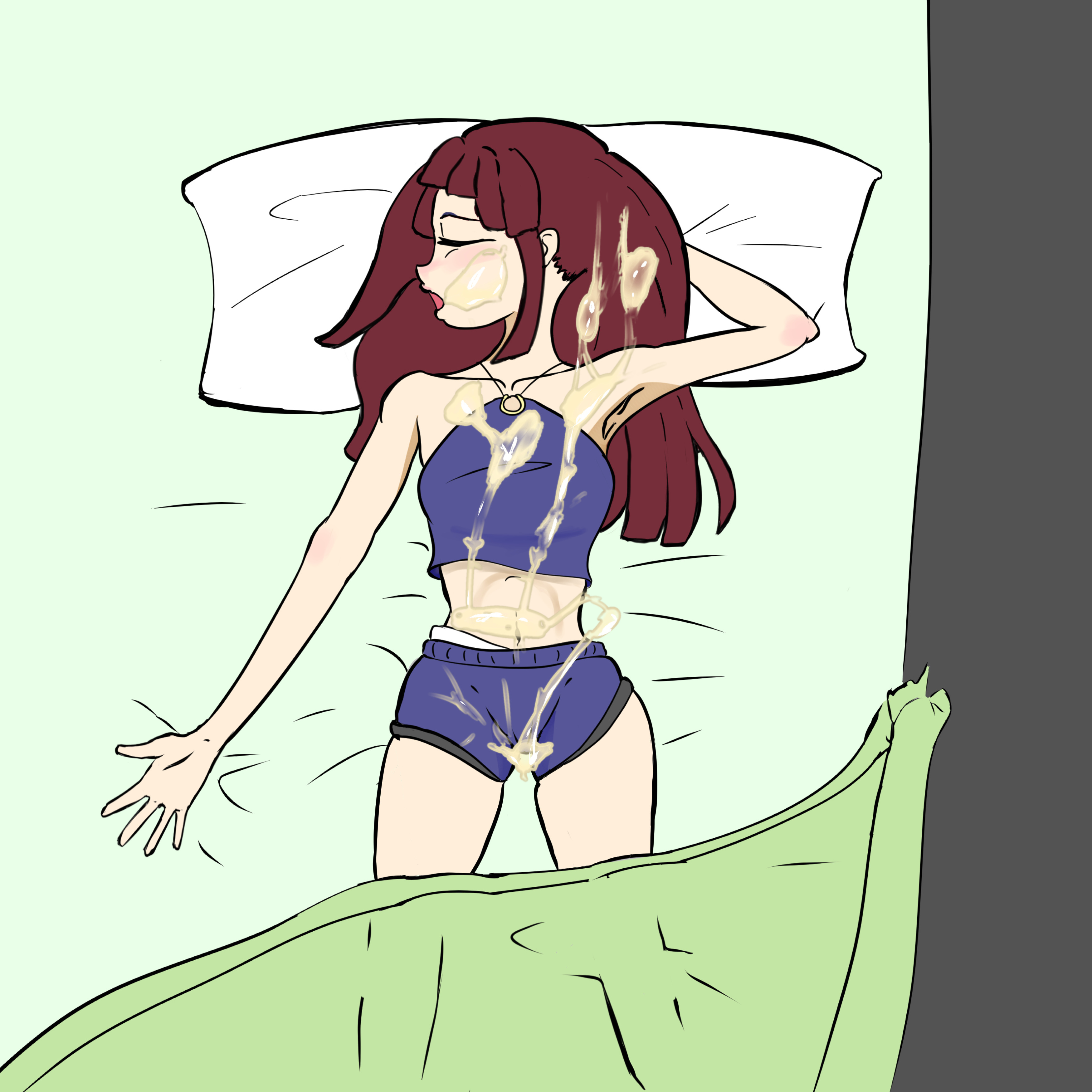armpits, atsuko kagari, bed, brown hair, bukkake, cum, cum in hair, cum on body, cum on clothes, cum on face, excessive cum, facial, little witch academia, long hair, lying, midriff, shorts, sleep molestation, sleeping, stomach, studio trigger