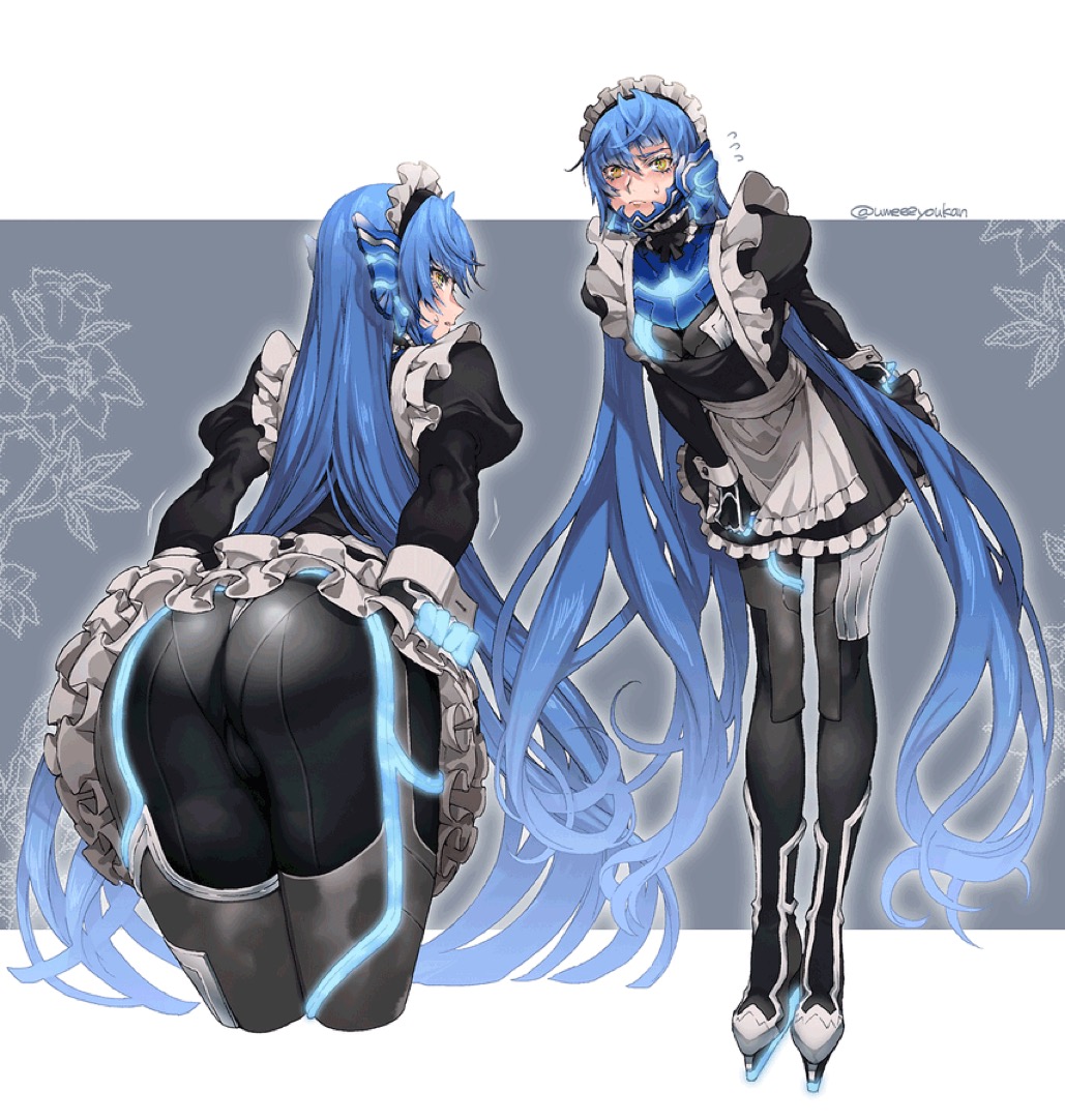 1boy, androgynous, ass, ass focus, atlus, blue hair, clothed, femboy, maid, maid uniform, male, nahobino (smt), nervous, protagonist (shin megami tensei v), shin megami tensei, shin megami tensei v, tagme, umeeeyoukan