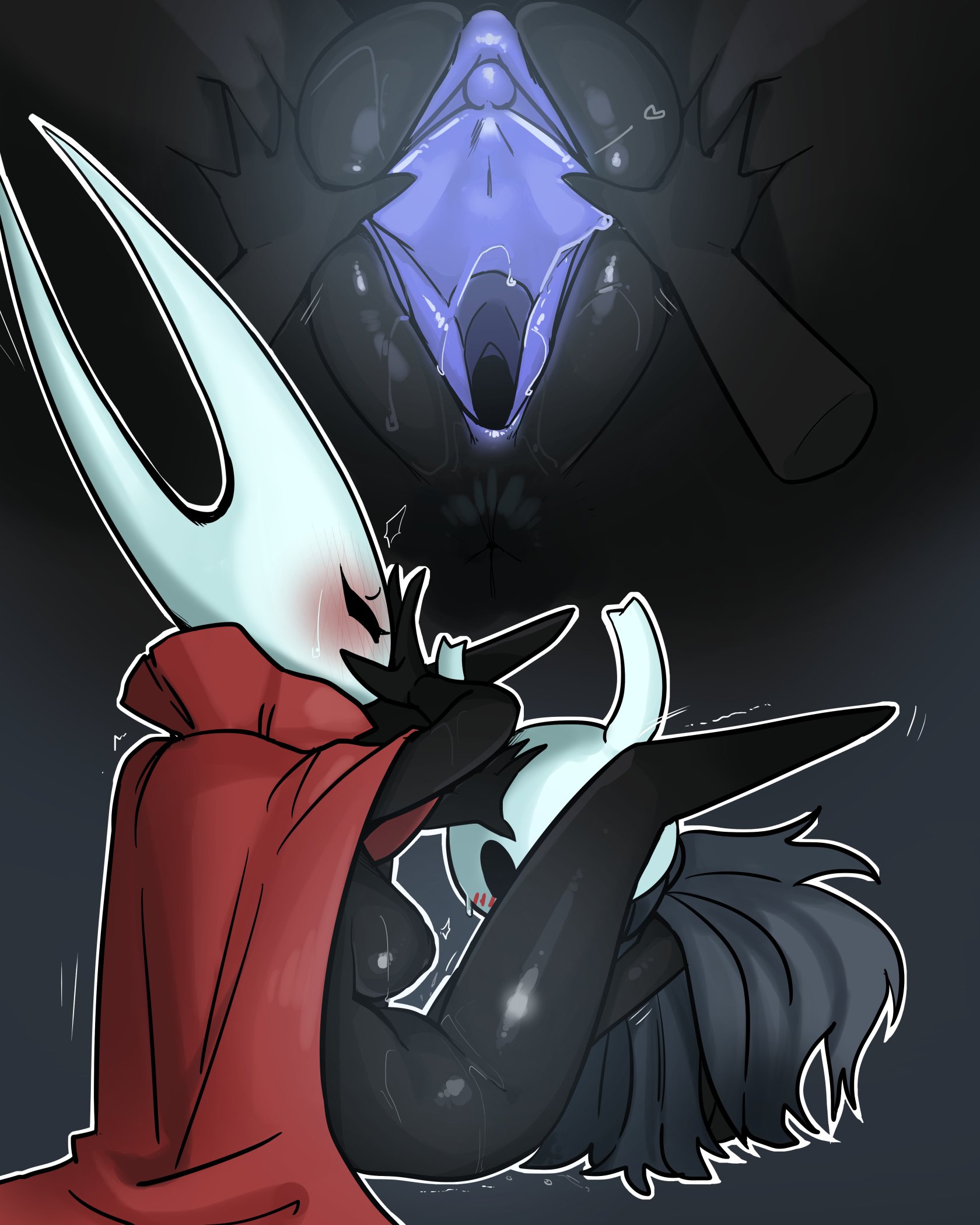 1boy, 1girls, ambiguous gender, anthro, anthrofied, anus, black body, black eyes, blue pussy, blush, breasts, clitoris, duo, female, hollow knight, hornet (hollow knight), incest, insect, insects, larger female, legs up, male, male/female, mask, mdthetest, nipples, png version available, puffy pussy, pussy, shiny skin, siblings, size difference, smaller male, spread legs, spread pussy, spreading, team cherry, the knight (hollow knight), video games