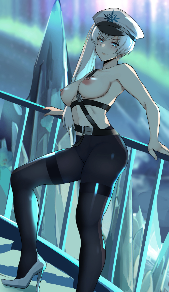 2022, blue eyes, breasts, female, hat, heels, lainart, looking at viewer, negative weiss, pantyhose, ponytail, rwby, rwby ice queendom, smirk, weiss schnee, white hair