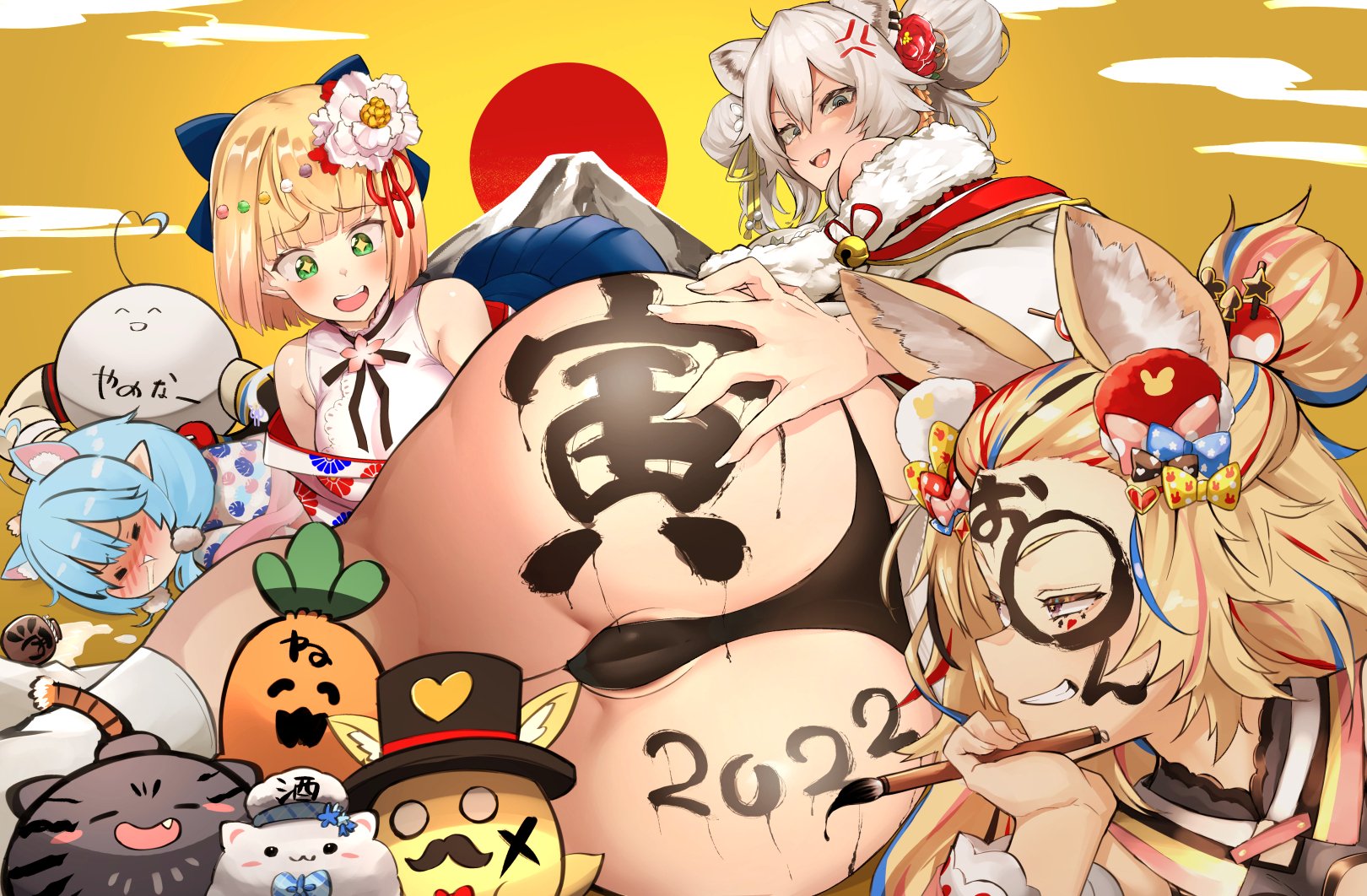 2022, animal ears, ass, ass grab, big ass, body writing, breasts, cameltoe, chinese new year, female, grin, hololive, hololive gen 5, hololive japan, large ass, large breasts, looking back, lunar new year, momosuzu nene, nuezou, omaru polka, paintbrush, panties, pussy, shishiro botan, tagme, underwear, virtual youtuber, wide hips, year of the tiger, youtube, yukihana lamy