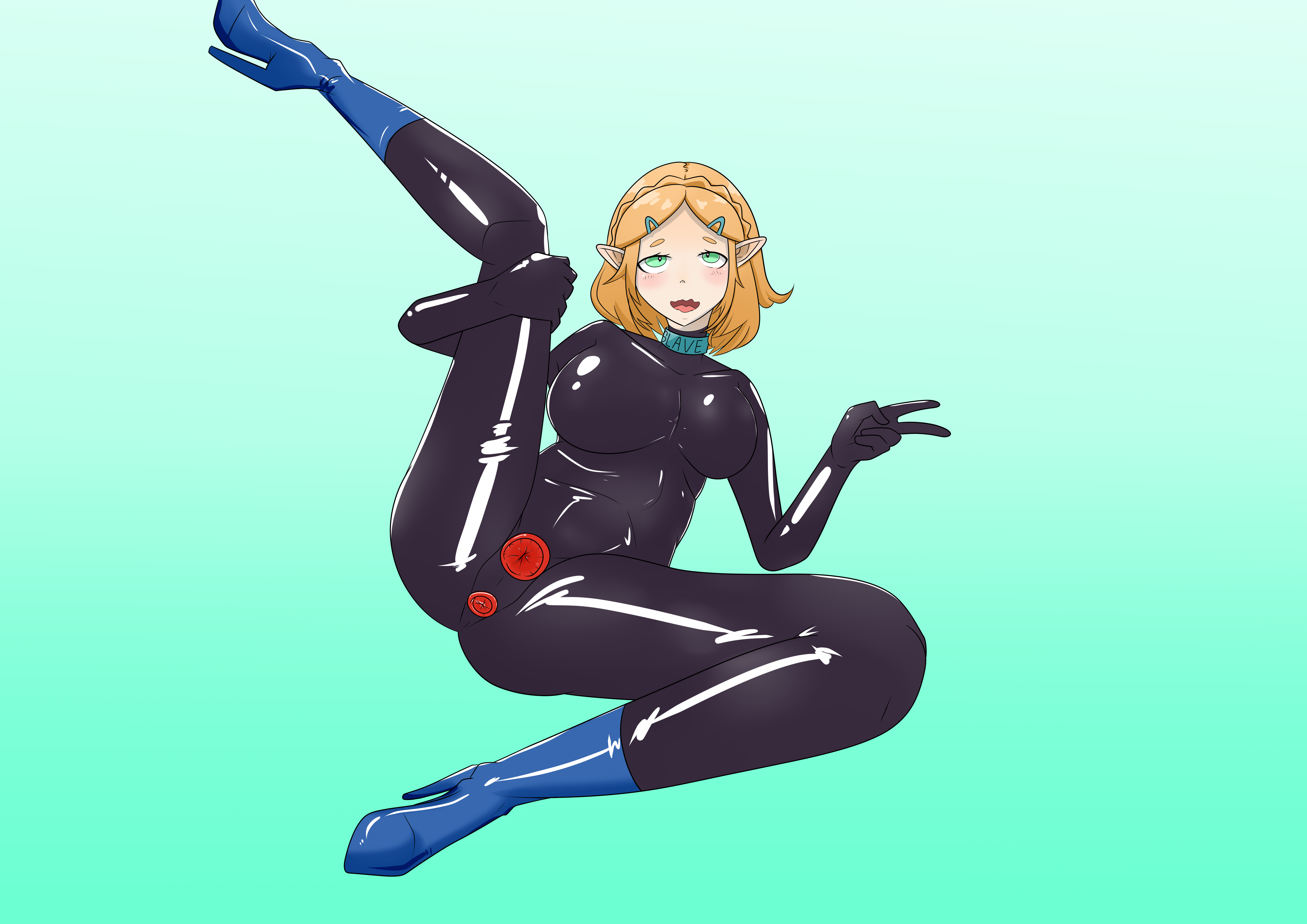 1girls, 2020s, 2022, 5 fingers, absurd res, alternate costume, blonde hair, blue background, blue boots, bodysuit, breasts, breath of the wild, choker, clothing, condom in clothes, elf, english text, eyebrows, eyes, female, female focus, female only, femsub, fully clothed, green eyes, hair, hair accessory, happy, hi res, high heel boots, high heels, holding leg, holding own leg, humanoid, hylian, hylian ears, jpeg, latex, latex boots, latex clothing, latex suit, legs apart, light skin, light-skinned female, looking at viewer, looking pleasured, methanol, mouth, nintendo, open eyes, open mouth, pointy ears, posing, princess zelda, raised leg, shiny clothes, solo, solo female, spread legs, tears of the kingdom, text, the legend of zelda, tight clothing, v sign, zelda (tears of the kingdom)
