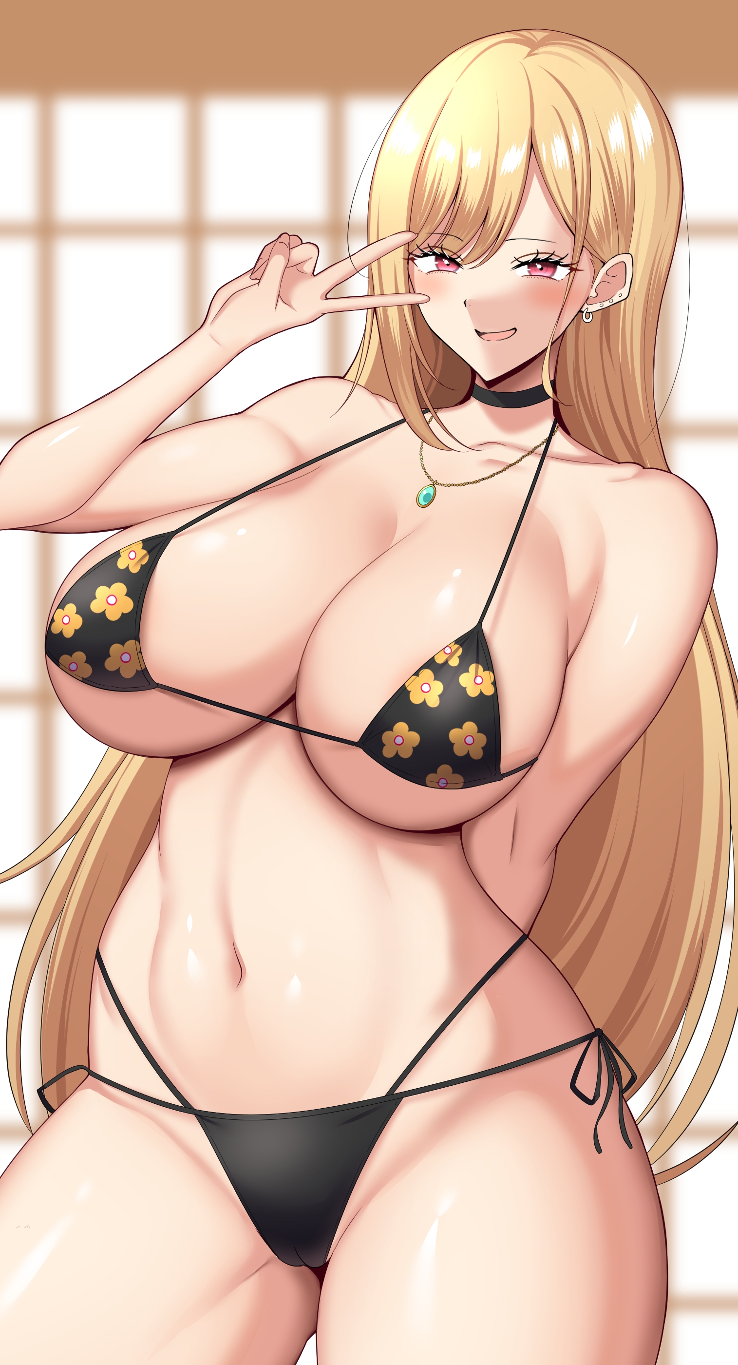 1girls, 2020s, 2022, bikini, black bikini, blonde hair, blush, breasts, choker, ear piercing, female, female only, flower pattern, gyaru, hi res, hips, huge breasts, indoors, kitagawa marin, long hair, necklace, peace sign, red eyes, side-tie bikini, slim waist, smile, sono bisque doll wa koi wo suru, tanaken, thick thighs, thighs, wide hips