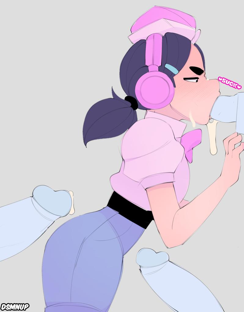 1girls big_penis black_hair blue_penis blush brawl_stars cum deep_blowjob deepthroat dsmnup fellatio female headphones jacky_(brawl_stars) oral ponytail teenager