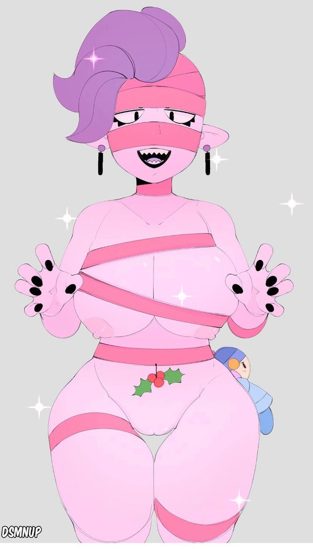 1girls, 2d, big breasts, black nails, brawl stars, breasts, dsmnup, earrings, emz (brawl stars), female, pink skin, pink-skinned female, purple hair, sharp teeth, solo