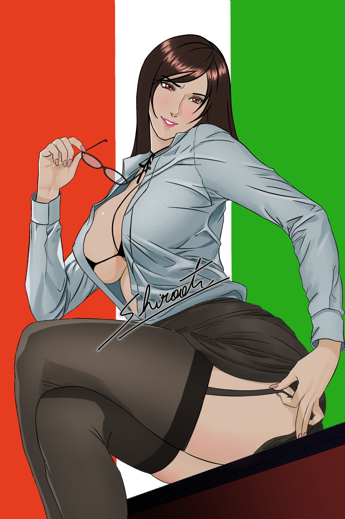 1girls, big breasts, black bra, black garter straps, black skirt, black stockings, breasts, busty, female, female focus, female only, final fantasy, final fantasy vii, garter straps, glasses, glasses removed, hourglass figure, italian flag, italian senate hack, long hair, mature female, meme, office lady, pinup, pinup pose, shiroots, sitting, sitting on desk, skirt, smile, solo, stockings, tifa lockhart, underboob, wide hips