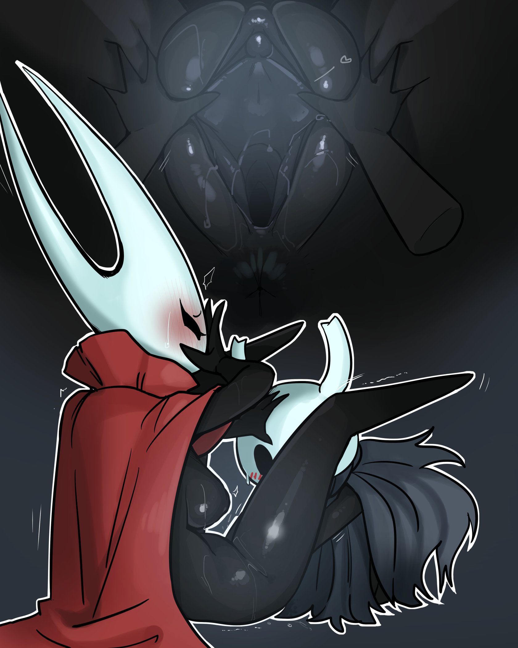1girls, ambiguous gender, anthro, anthrofied, anus, black body, blush, clitoris, female, hollow knight, hornet (hollow knight), incest, insect, insects, male, mask, mdthetest, nipples, puffy pussy, pussy, red cloak, shaking, shiny skin, siblings, size difference, smaller male, spread legs, spread pussy, team cherry, the knight (hollow knight), wet pussy, white mask