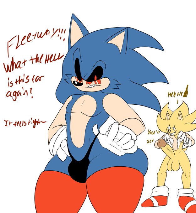 2boys ass big_ass big_ass_(male) bleeding_eyes blue_body blue_skin crossdressing erection exposed_torso femboy feminine_male fleetway_comics fleetway_super_sonic footwear front_view gay handwear hedgehog hedgehog_humanoid leggings red_eyes sharp_claws sharp_teeth shiny_eyes sonic.exe sonic.exe_(character) sonic.exe_(creepypasta) sonic.exe_(series) sonic_(series) sonic_the_hedgehog sonic_the_hedgehog_(comics) sonic_the_hedgehog_(series) susknuckles talking_to_partner text thick_penis thick_thighs thong yellow_body yellow_skin