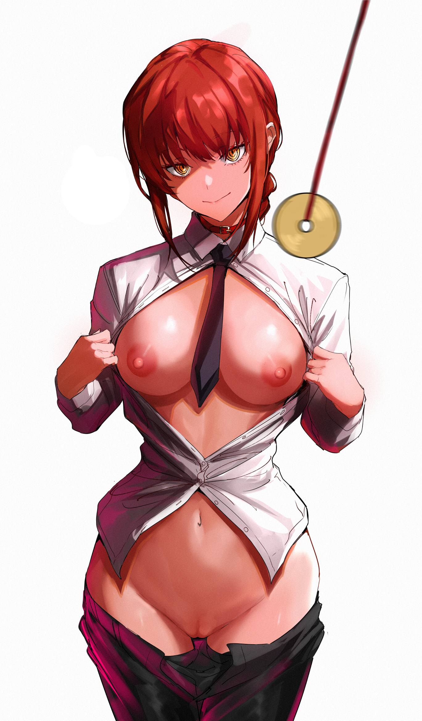 1girls, blush, breasts, brown hair, chainsaw man, collar, collared shirt, female, flashing, flashing breasts, flashing pussy, hypnosis, hypnotized undressing, long hair, makima (chainsaw man), necktie, necktie between breasts, nipples, no bra, no panties, office lady, open clothes, open mouth, pants, pants down, pussy, simple background, standing, ulrich (tagaragakuin), unbuttoned pants, unbuttoned shirt, undressing, white background, yellow eyes