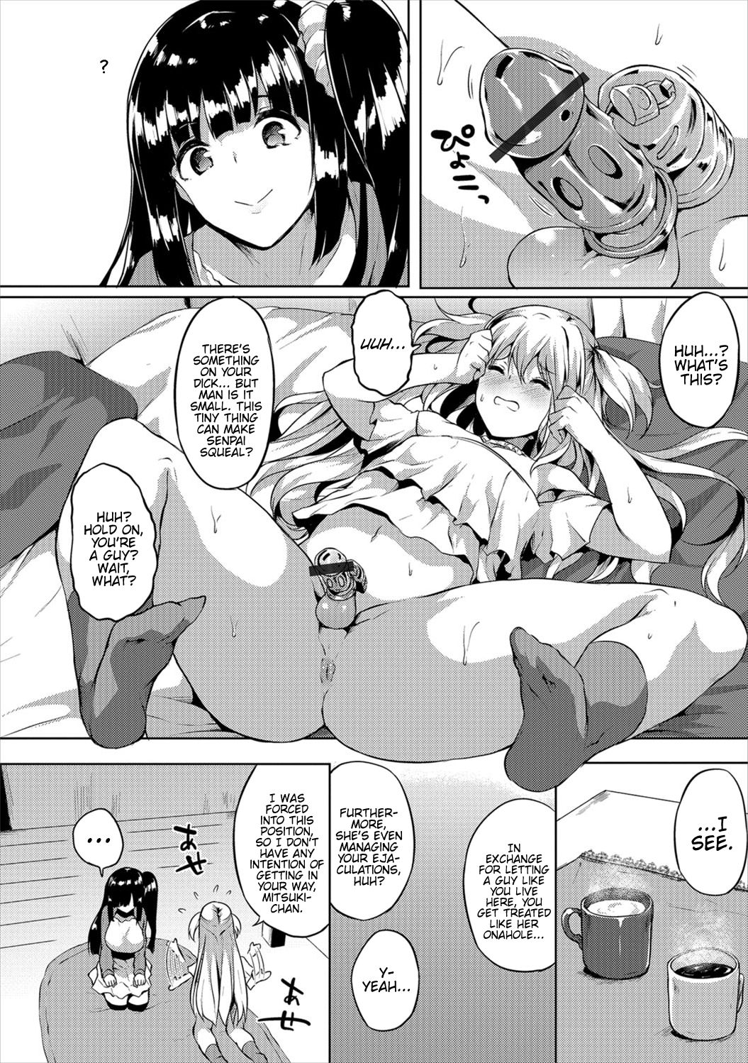 1boy, 1futa, big breasts, big dom small sub, bigger penetrating smaller, boy rape, breasts, chastity, chastity cage, clothed, clothing, comic, crossdressing, dialogue, doujinshi, duo, english text, femboy, futa on male, futanari, human, intersex, kasuga mayu, male, male penetrated, malesub, monochrome, nipples, penis, small penis, small penis humiliation, text, translated, trap, wide hips