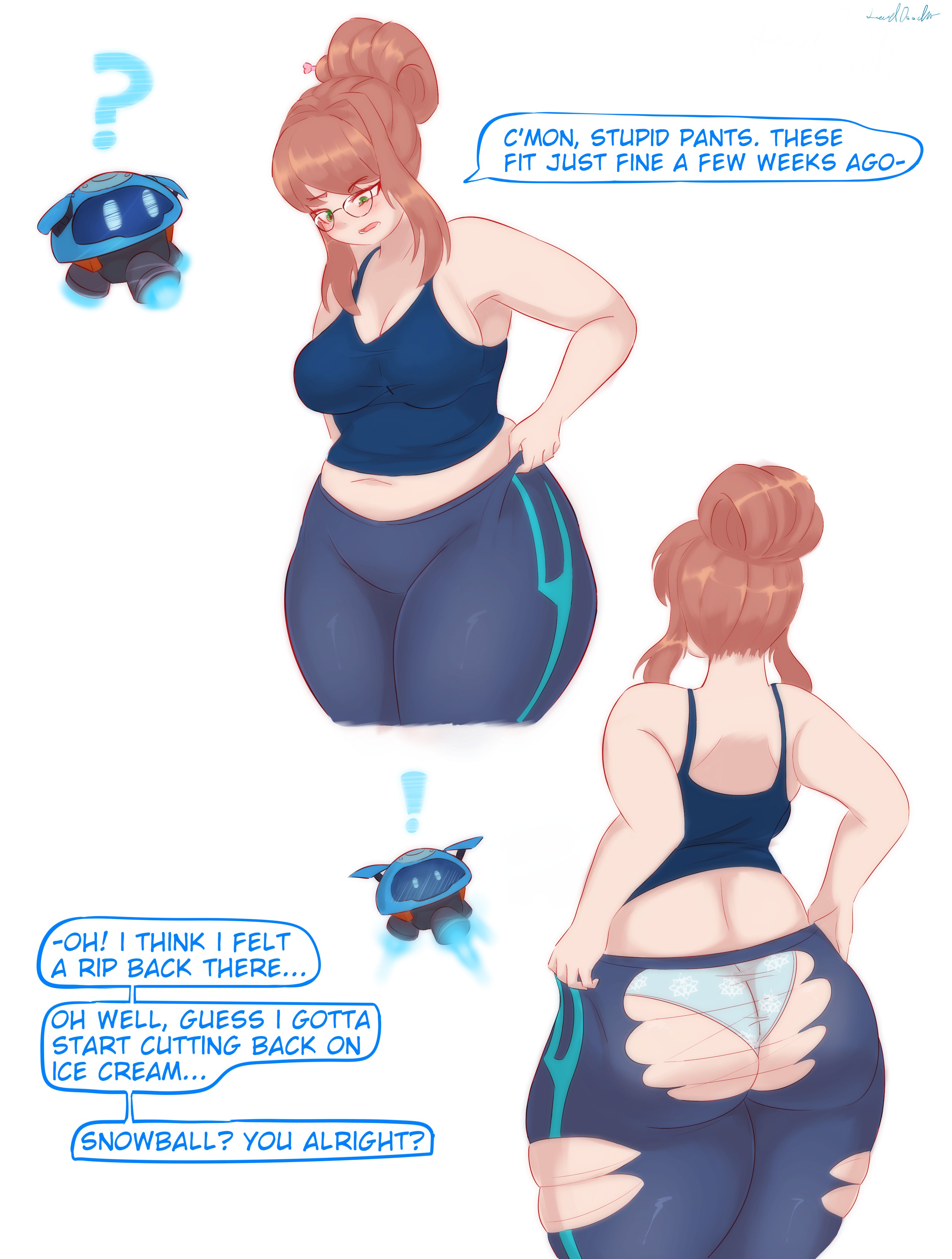 1girls, ass, big ass, big breasts, breasts, brown hair, bubble ass, bubble butt, chubby, chubby female, cosplay, crossover, dialogue, doki doki literature club, english text, exposed ass, exposed panties, female, glasses, green eyes, large ass, large breasts, lewddoodler, light skin, light-skinned female, mei (overwatch) (cosplay), monika (doki doki literature club), overwatch, overweight female, panties, ripped clothing, ripped pants, slightly chubby, snowball (overwatch), speech bubble, text, thick thighs, thighs, torn clothes, torn clothing, torn legwear, underwear, wardrobe malfunction, weight gain, wide hips